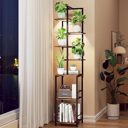Soporte para plantas de interior con luz de crecimiento, soporte alto de 7 niveles para plantas de interior, estante de metal con estantería y