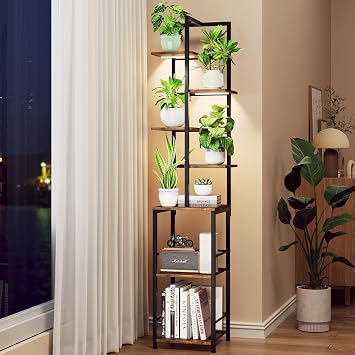 Plant Stand Indoor with Grow Light, 7-Tiered Tall Plant Stand Indoor, Metal Plant Shelf with Bookshelf Bookcase and Adjustable Light, Ideal for Living Room, Reading room, Garden, Patio Brown