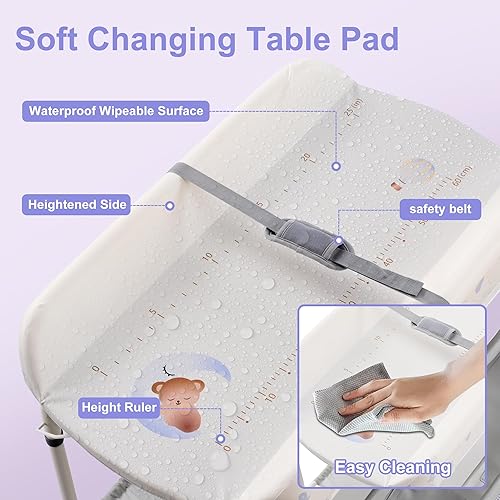 Miniatura 4 de Bañera para bebé 2 en 1 con cambiador, estación plegable para cambiar pañales con 4 ruedas, almohadilla impermeable, estante de almacenamiento y