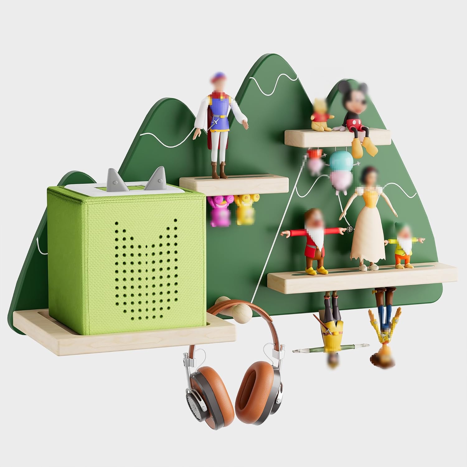 Green Mountain Tonie Shelf Wall Mounted - Tonies Wall Shelf for Toniebox, Charging Station, Magnetic Wood Display Floating Shelves for Tonie Figures Storage