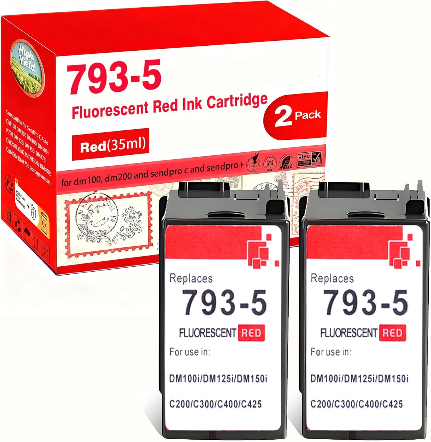 2 Pack 793-5 Fluorescent Red Ink Cartridge Compatible Replacement for 793-5 Red Ink Cartridge for P700 DM100 DM100i DM125i DM150i DM175i DM200L DM225 Postage Meters