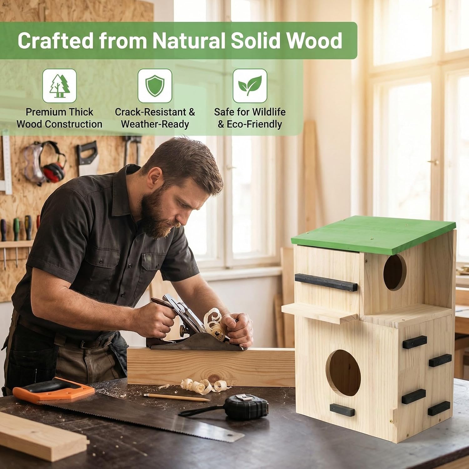 Extra Large Squirrel House for Outside, Squirrels Nesting Box with Platform, Solid Wood Squirrel Box with Feeder, Backyard Squirrel Shelter Squirrels Feeders for Outside