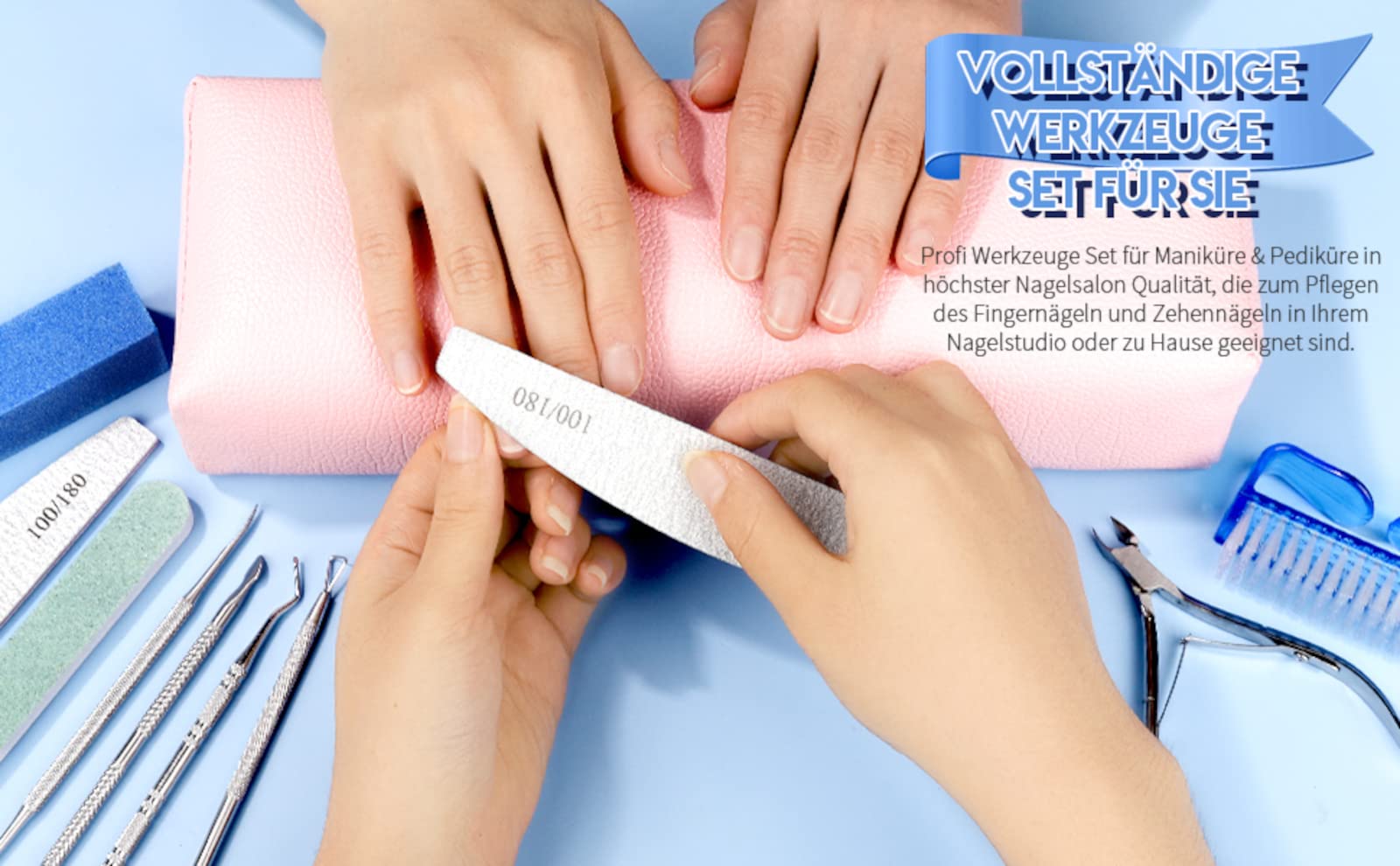 10x Nagelpflege Set 12er inkl. doppelseitige Nagelfeilen 100/180 Nagel Buffer Block Nagelhautschieber Eckenheber Nagelzange Nagelknipser und Nagelbürste für Ihre Maniküre und Pediküre (10x Set)