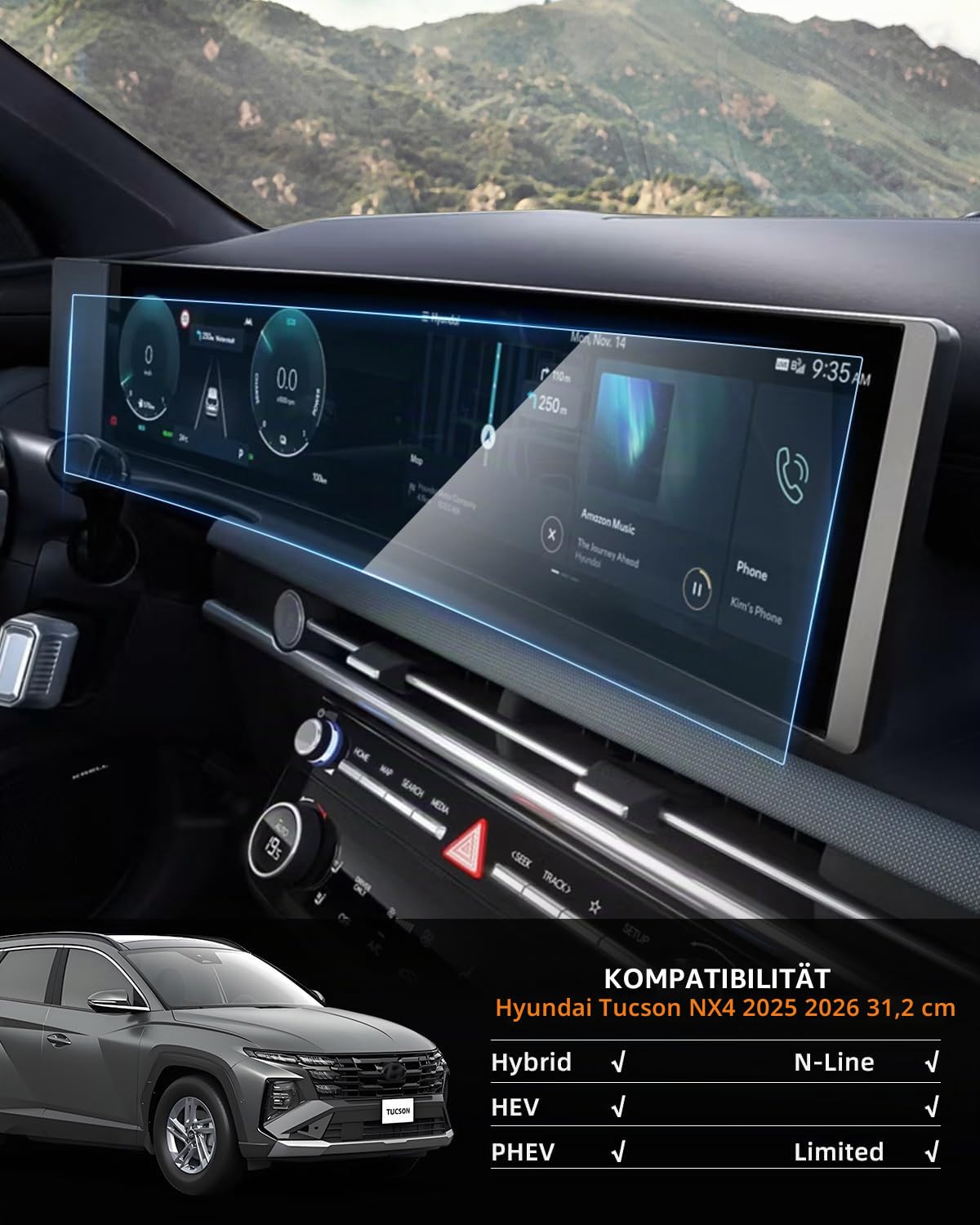 12,3" All-in-One Displayschutzfolie für Hyundai Tucson 2025 2026 | 9H Gehärtes Glas Displayschutz, Schutzfolie Anti-Fingerabdruck Anti-Kratzen Hohe Transparenz, Tucson NX4 Navigation Zubehör