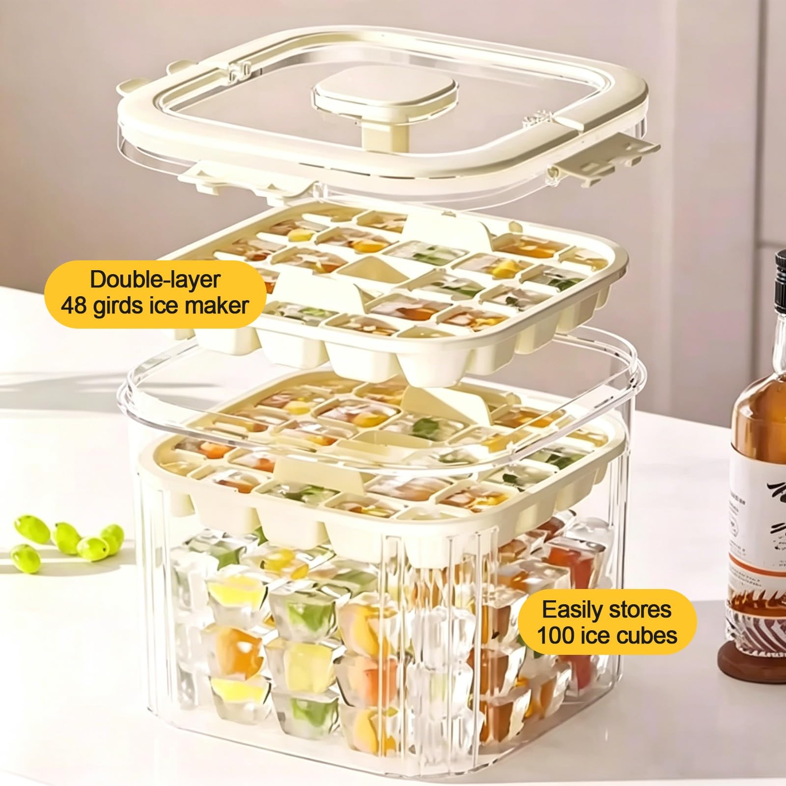 Bandeja For Cubitos De Hielo For Café Con Tapa Y Recipiente De Almacenamiento, MáQuina De Hielo Cuadrada Apilable For Café Helado, Té, Jugo
