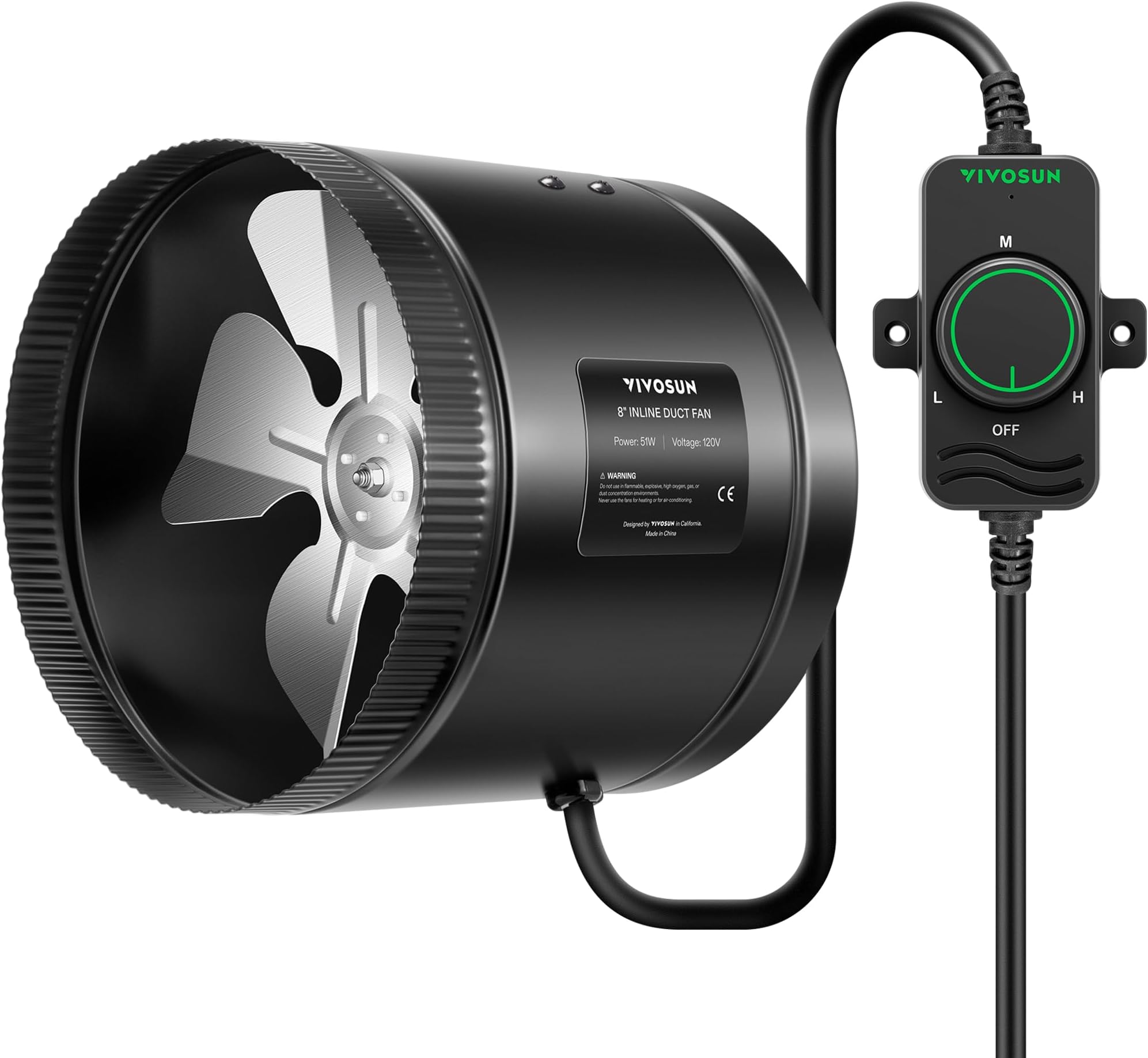 VIVOSUN Inline Booster Duct Fan 8” 430 CFM with Speed Controller, HVAC Exhaust Ventilation Fan with Low Noise for Basements, Bathrooms, Kitchens, Attics, Grow Tents