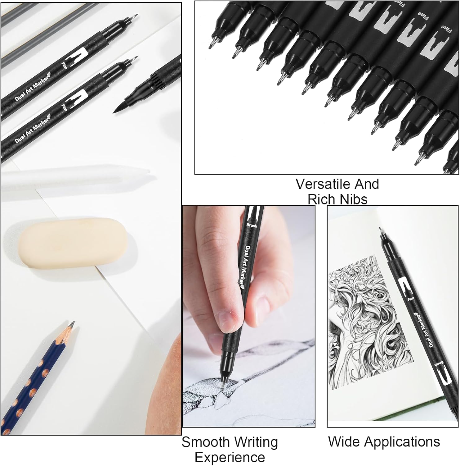 12 Pack Black Drawing Pens Felt Tip Brush Pen Fineliner Ink Pens Dual Tip Brushes Fineliners Pen Waterproof Calligraphy Marker for Art Drawing Watercolor Sketching Anime Beginners Scrapbooking
