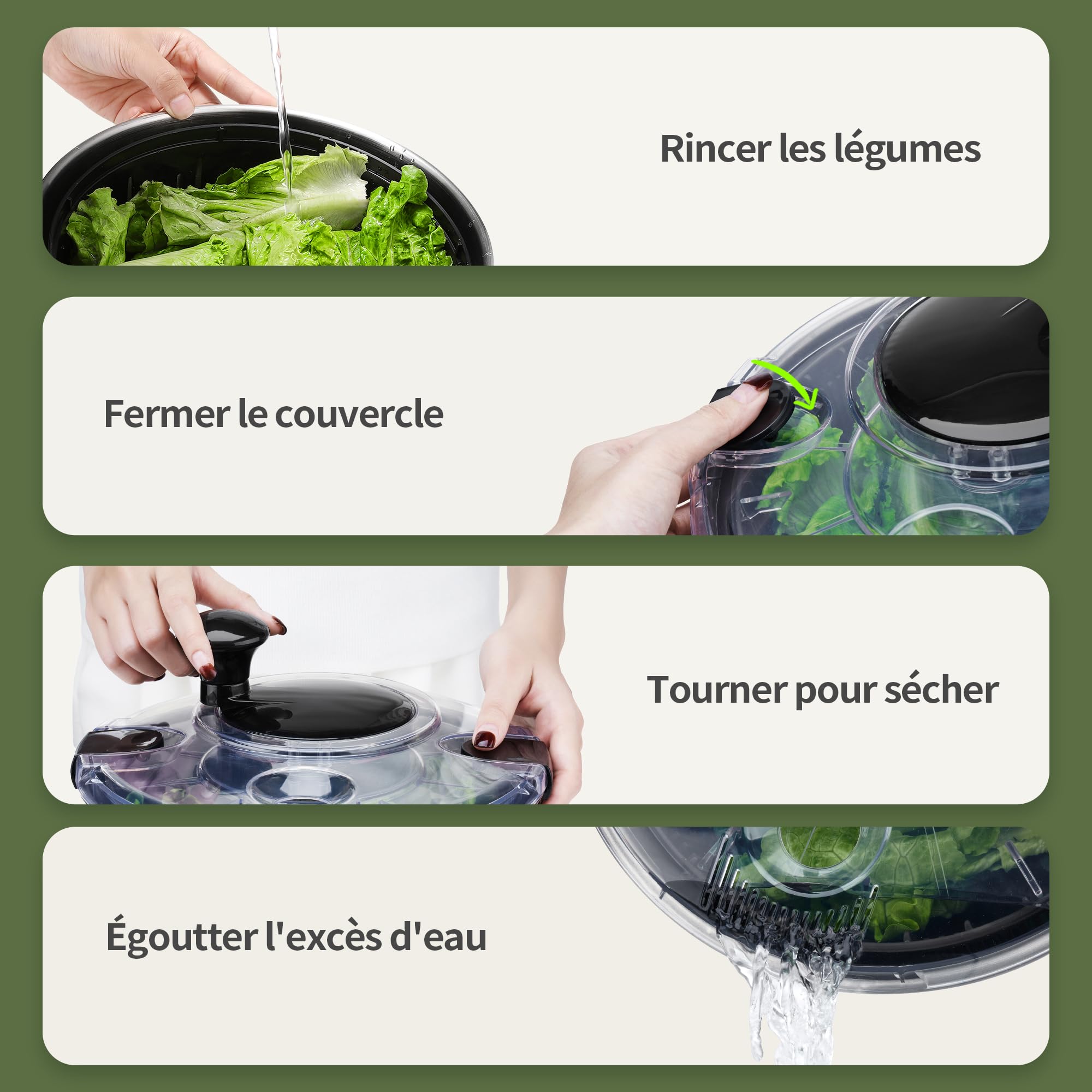 Grande Essoreuse à salade 4,5L en acier inoxydable 18/10 de haute qualité avec couvercle transparent, fond antidérapant - Salad Spinner avec mécanisme à manivelle - Sans BPA et passe au