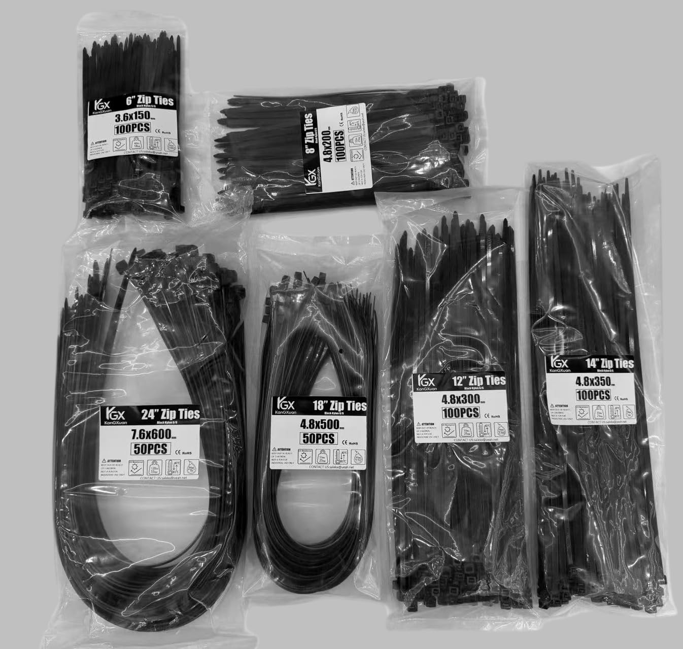 500 PCS Heavy Duty Zip Ties Assortment, 4" 8" 12" 14" 18" 24" Multi-Size Black Nylon Cable Ties (40-130 Lbs) for Wire Management, Fencing, Automotive & Construction, Industrial Bulk Zip Ties