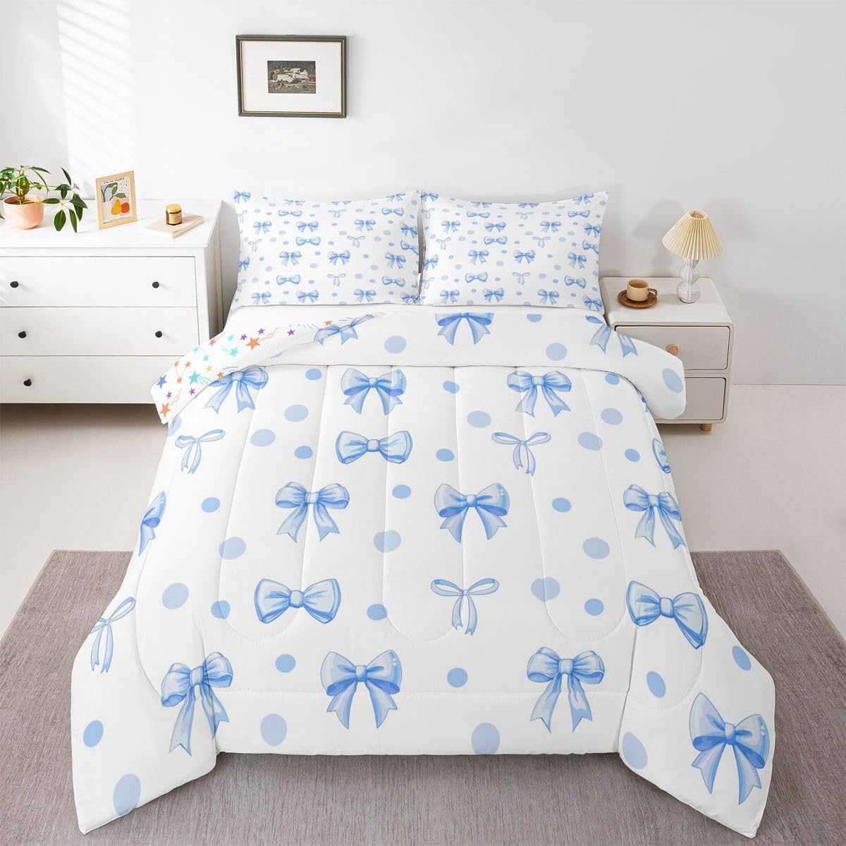 Erosebridal Blue Bow Tie Full Comforter Set for Girls, Cute Coquette Bowknot Bedding Sets for Kids Teen, Blue and White Polka Dot Duvet Insert, Princess Ribbon Bows Bedroom Decor