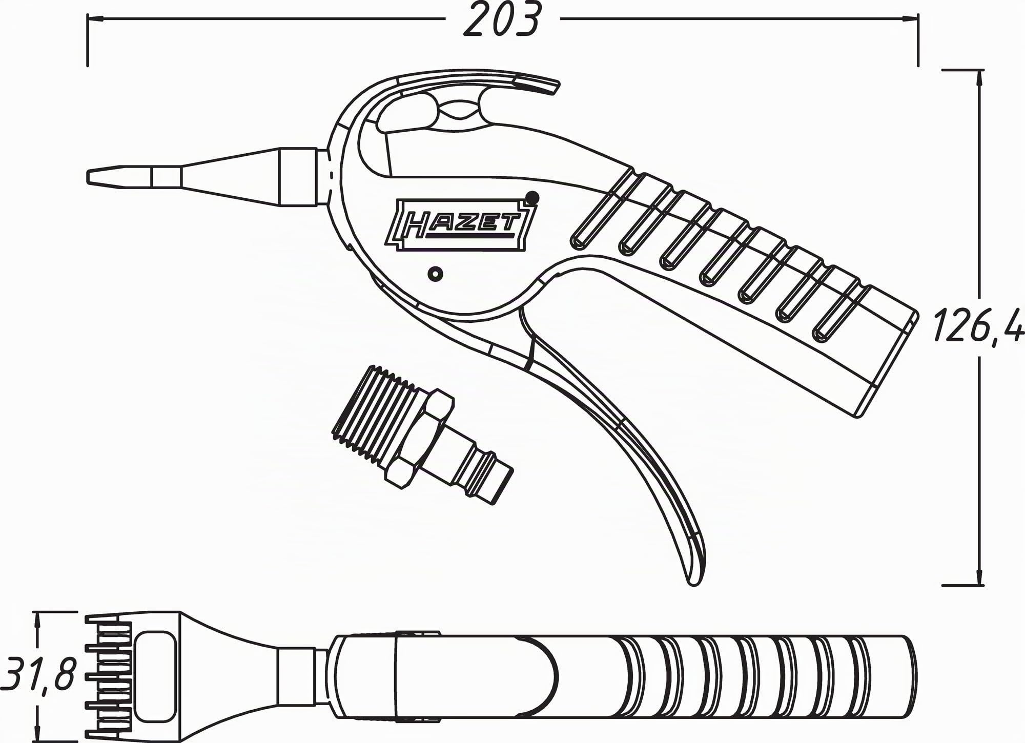 Pistola di soffiaggio HAZET 9040P-5, ugello piatto largo per la pulizia delle superfici, pressione di esercizio di 6 bar con impugnatura ergonomica, per la rimozione rapida di trucioli