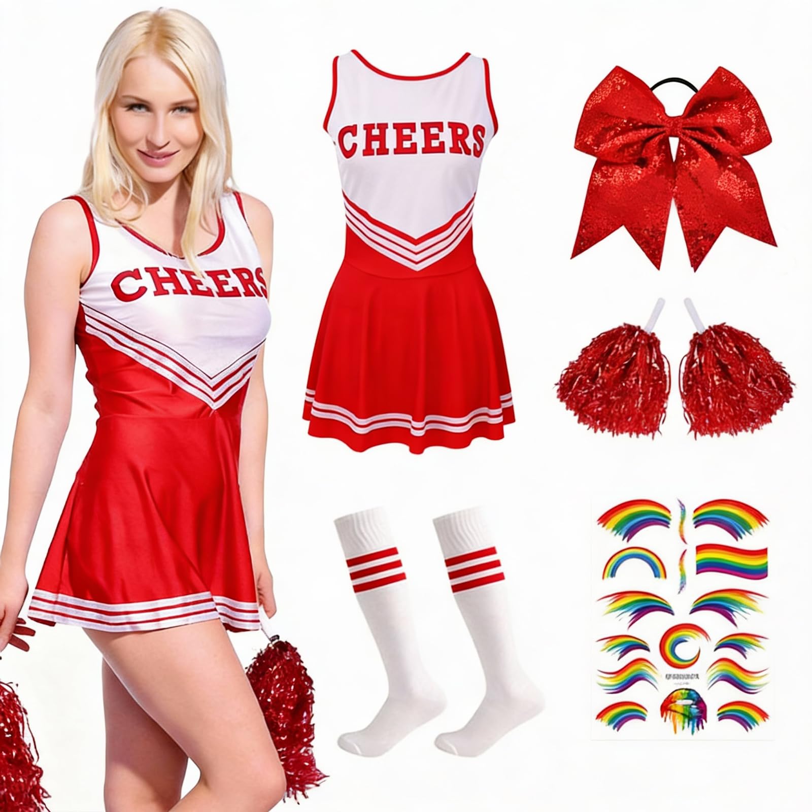 Disfraz de Animadora para Niña, Traje Animador Niños Uniforme de Animadora con Pompones, Calcetines y Gomas para el Pelo, para Partido de Fútbol Juegos de rol y Halloween