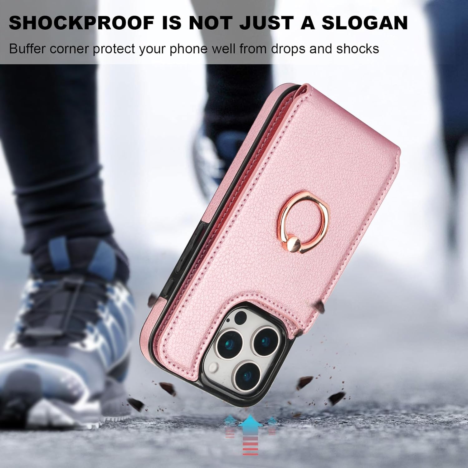 Folosu Compatible with iPhone 16 Pro Case Wallet with Card Holder, 360°Rotation Finger Ring Holder Kickstand, RFID Blocking Leather Protective Double Buttons Shockproof Cover 6.3 Inch Rose Gold