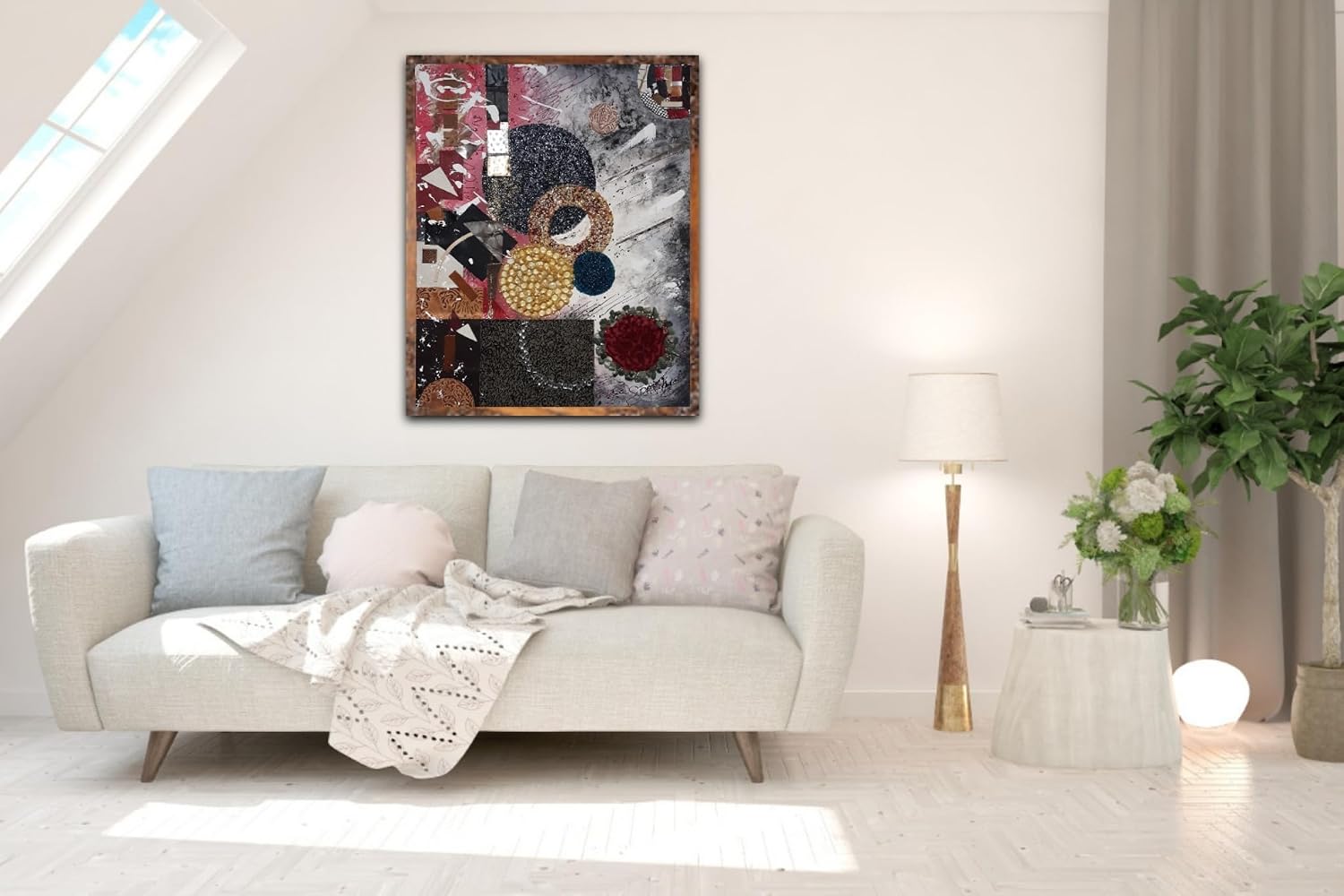 NiNi's Fine Art Original Mixed Media Painting Wall Art for the Home and Business Oil Acrylic Painting with Beads Fabric Pebbles and Leather Pieces