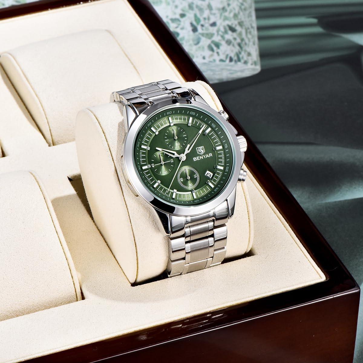 BENYAR Mens Watches Analog Quartz Chronograph Waterproof Wrist Watches for Men Luminous Fashion Business Casual Sport Elegant Dress Watch with Calendar Stainless Steel/Leather Strap - Image 8