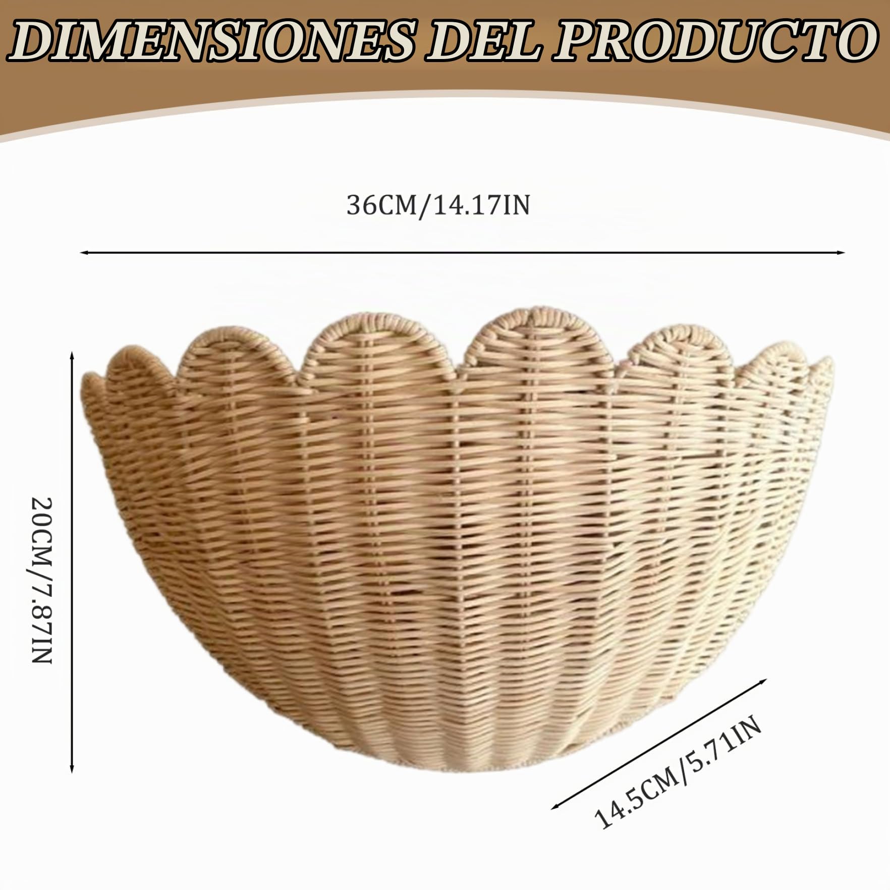 Cesta colgante de mimbre, maceta de pared de borde rústico de borde festoneado, almacenamiento tejido a mano de 14x6x8 pulgadas para frutas, verduras, plantas, artículos de tocador en la cocina, baño