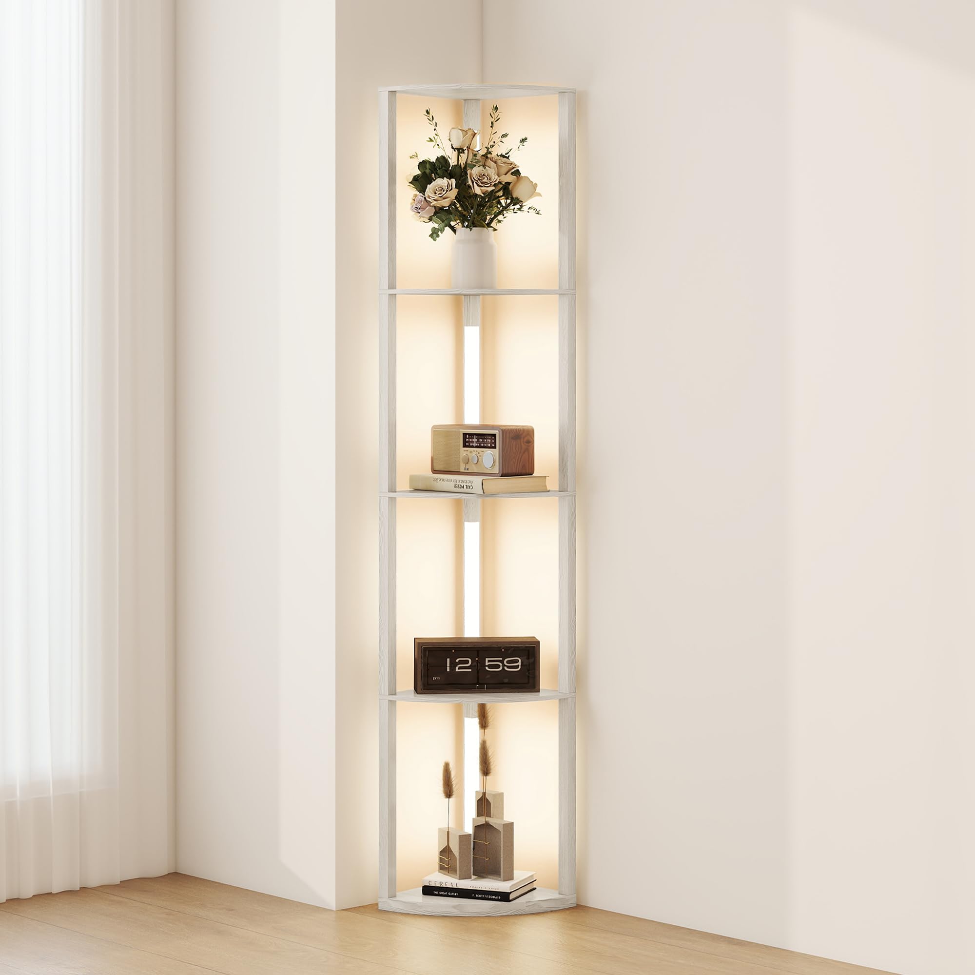 HOMCOM LED Floor Lamp with Shelves 4-Tier Standing Lamp Oak