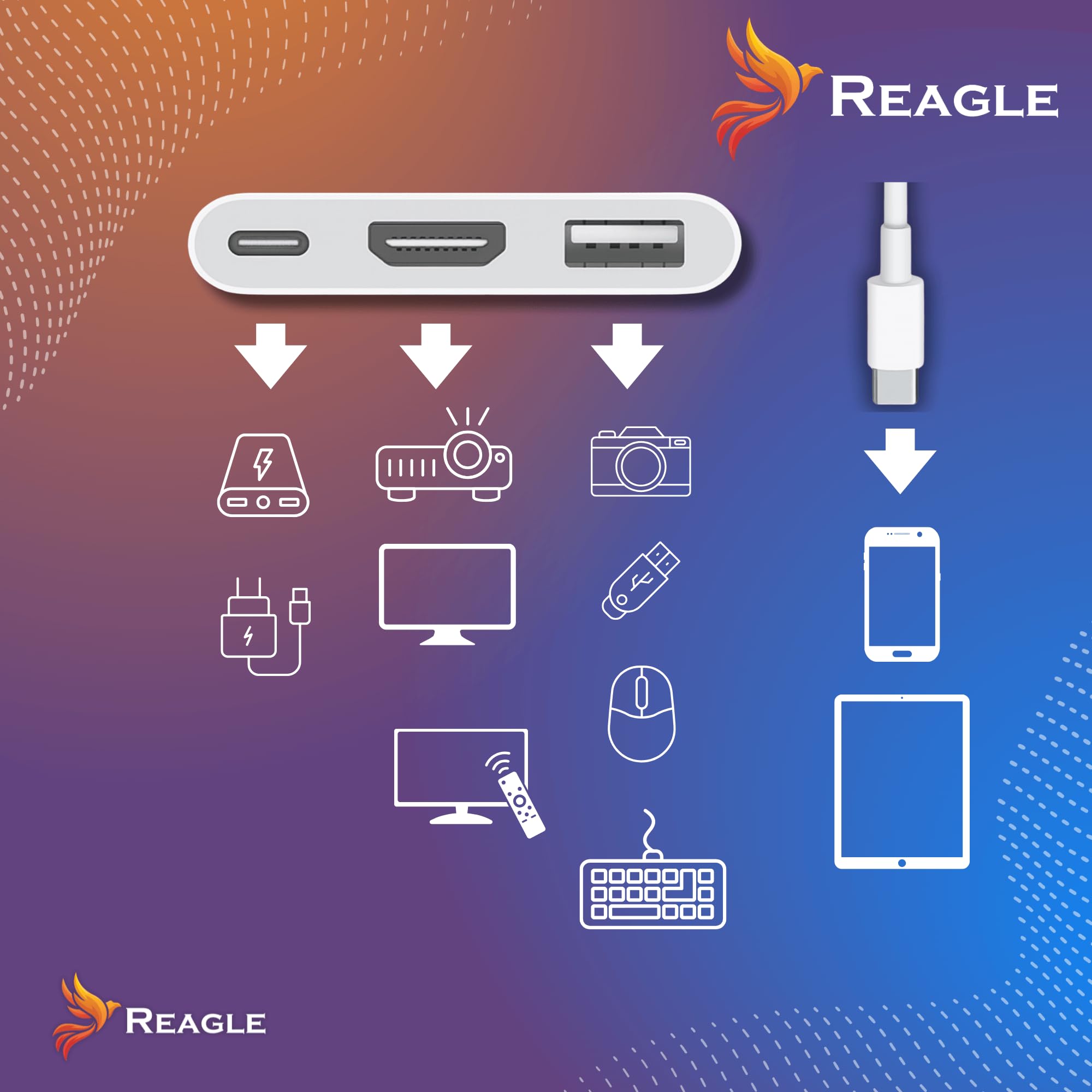 Reagle Adapter USB-C HDMI 4K60Hz z USB-A i PD 100W, Wyjście Wideo Ultra HD 4K do TV Monitor Projektor USB-C do HDMI Kompatybilny z DP Alt Mode MHL dla Laptopów i Smartfonów