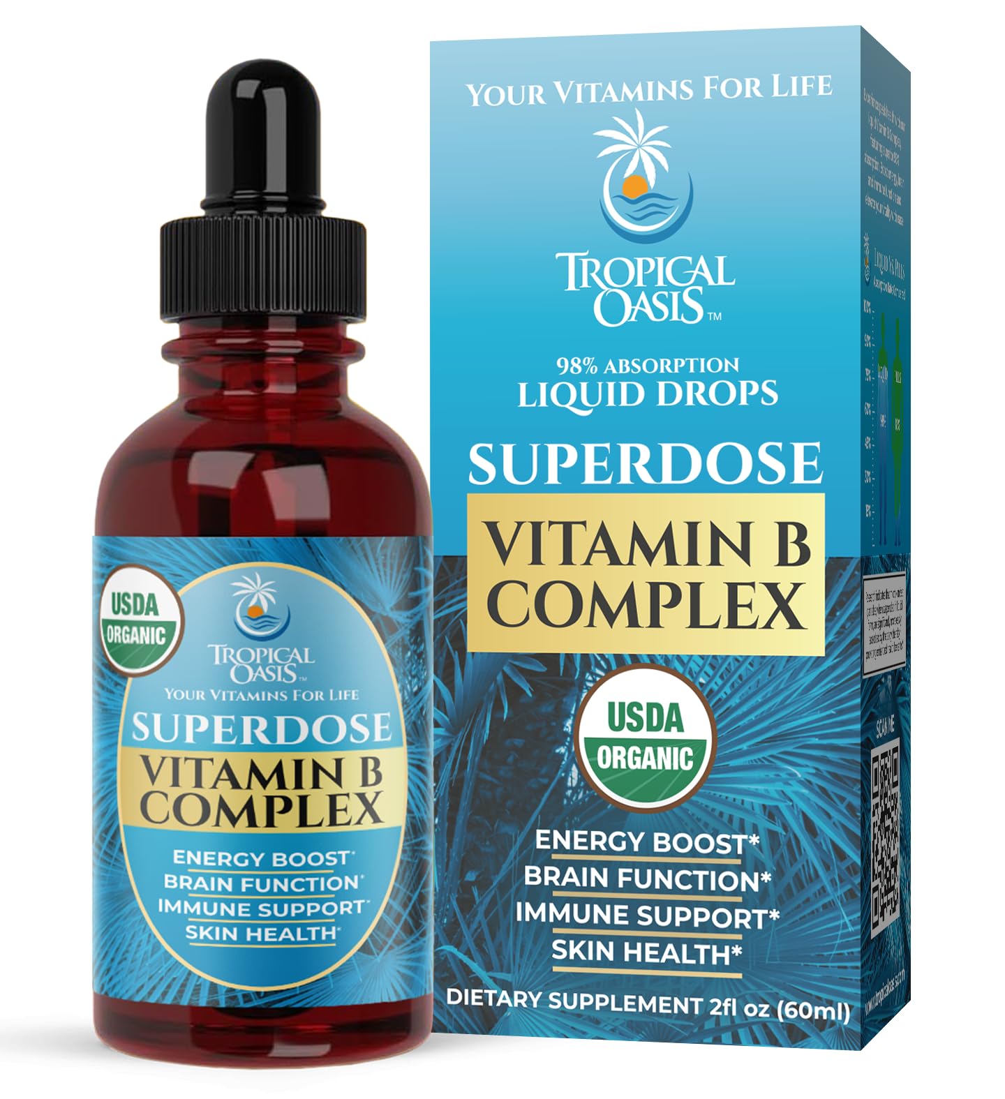 Superdose Organic Vitamin B Complex Liquid Drops | 125,000% DV Vitamin B12, B6, Biotin, Niacin, Folate | Energy, Brain Health, Immune Support | USDA Organic, Vegan, Non-GMO | 60 Serv, 2 Mo. Supply