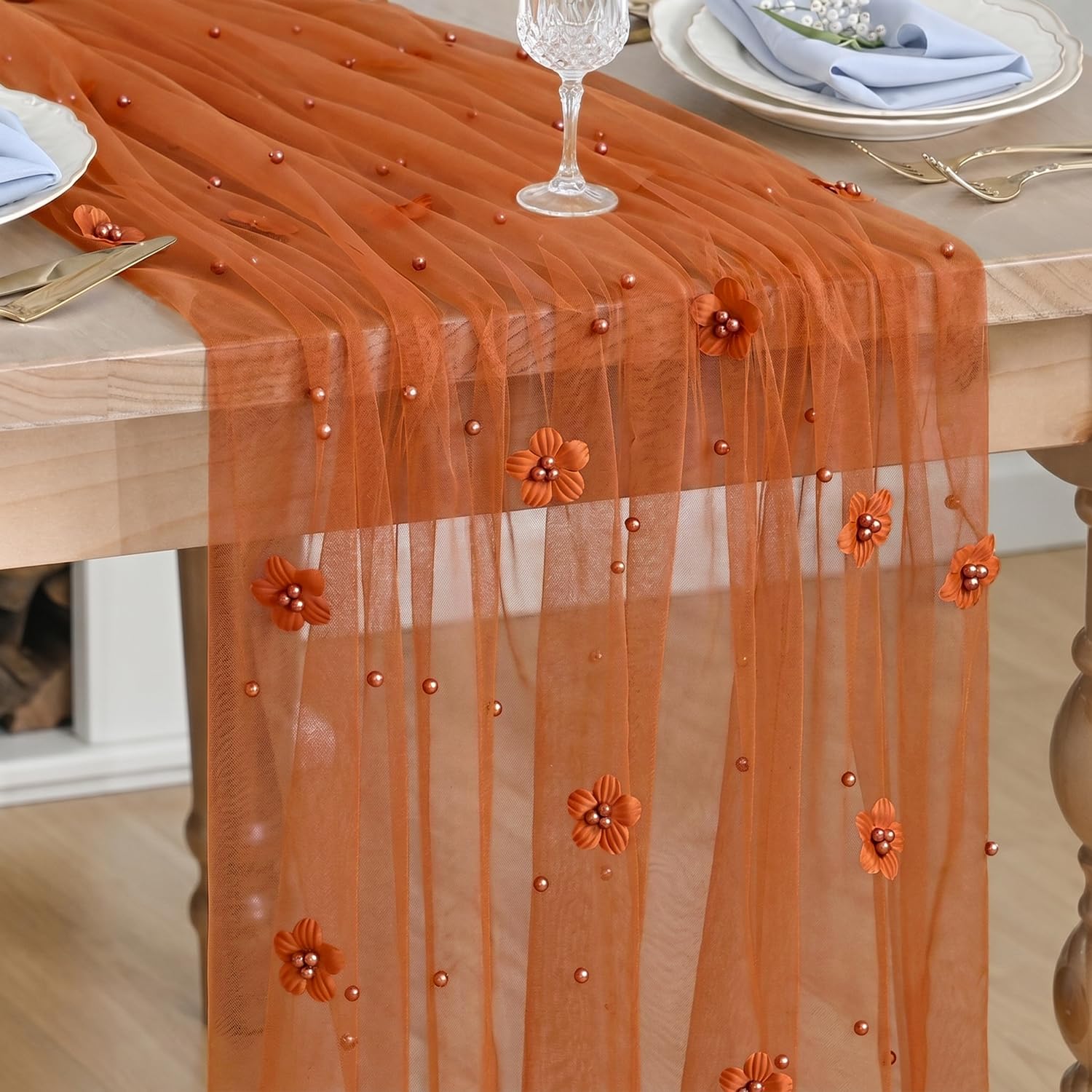 Artoid Mode Flower Pearl Caramel Gauze Autumn Table Runner 70x300 cm