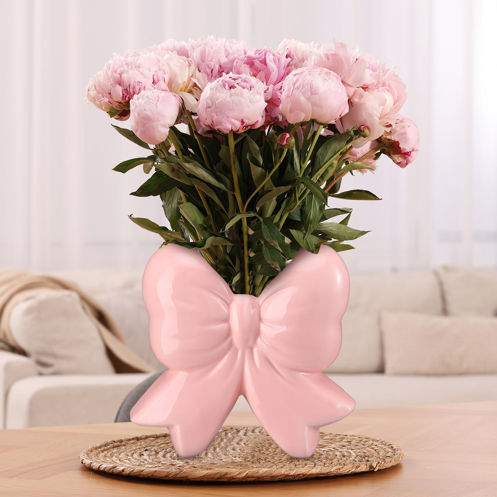 Jarrón de cerámica con lazo rosa, pequeño jarrón de coqueta, soporte para brochas de maquillaje, diseño contemporáneo, decorativo, regalo para mujer, para el hogar, oficina, estante, mesa 4