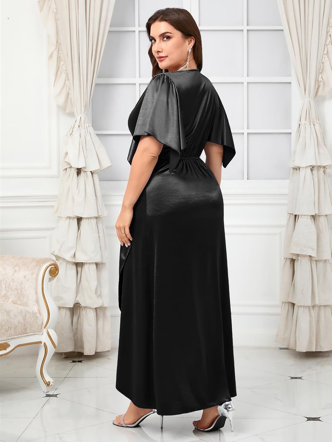 Women's Plus Size Formal Satin Dress V Neck Wrap Ruched Maxi Evening Gown Cocktail Party Wedding Guest Dresses - Image 6