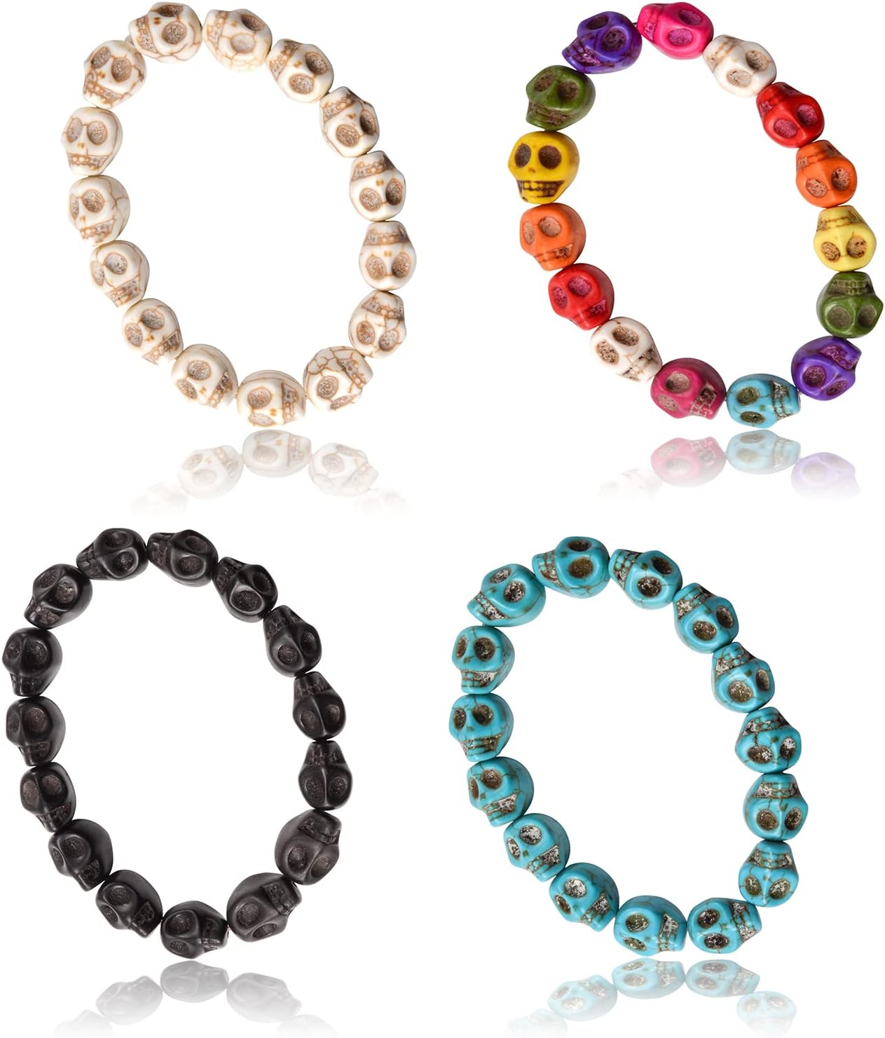 Skull Bracelet Halloween Gifts Set of 4 Colorful Turquoise Skeleton Beads Elastic Bracelets Tibetan Prayer Charm Yoga Hip Hop for Men Women Husband Boyfriend Couple Birthday Gifts