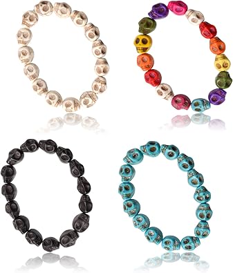 Skull Bracelet Halloween Gifts Set of 4 Colorful Turquoise Skeleton Beads Elastic Bracelets Tibetan Prayer Charm Yoga Hip Hop for Men Women Husband Boyfriend Couple Birthday Gifts