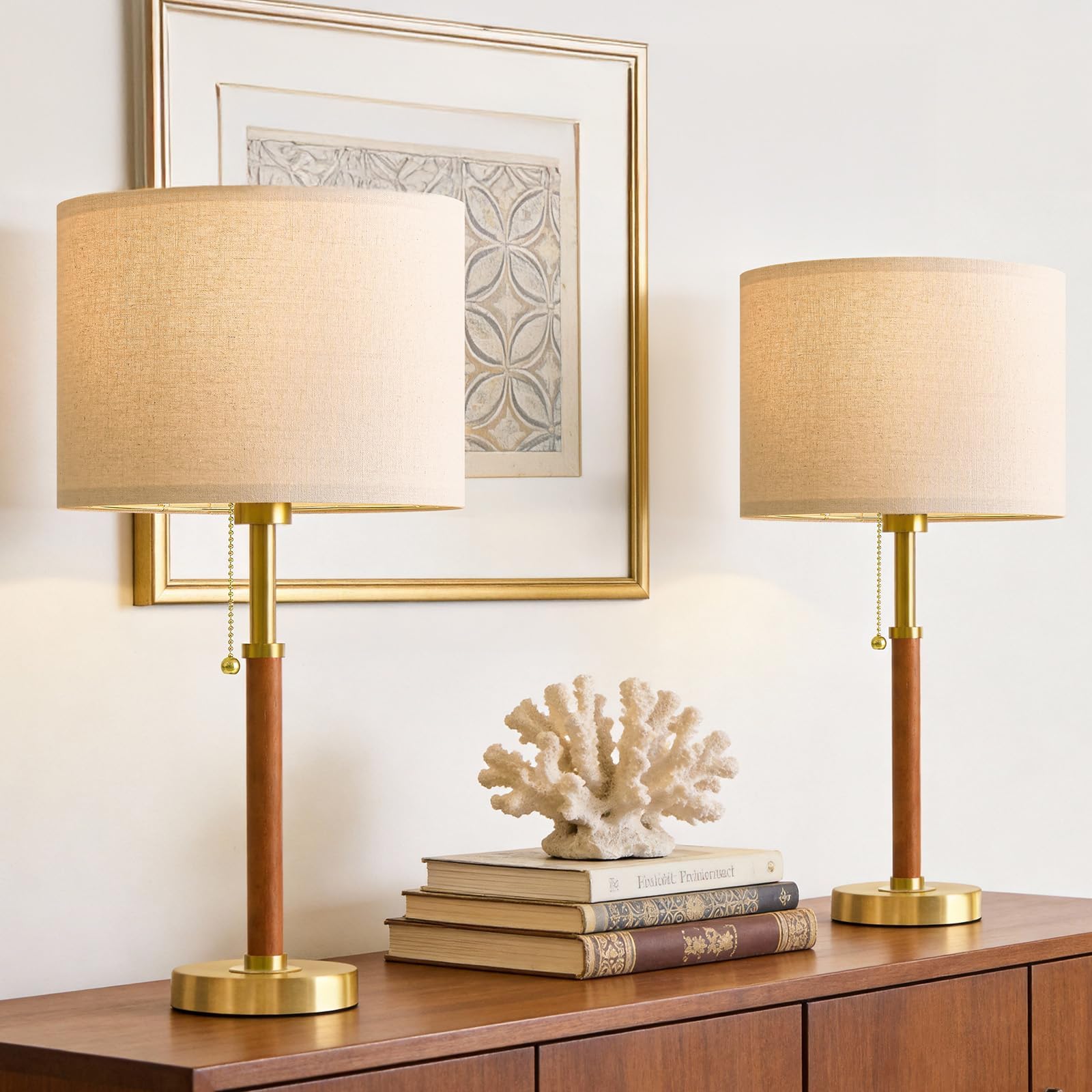 Lámparas de mesa de madera de 22 pulgadas, lámpara moderna de mediados de siglo para dormitorio, sala de estar, lámparas de mesita de noche para mesitas de noche, lámpara de mesita de noche con cadena