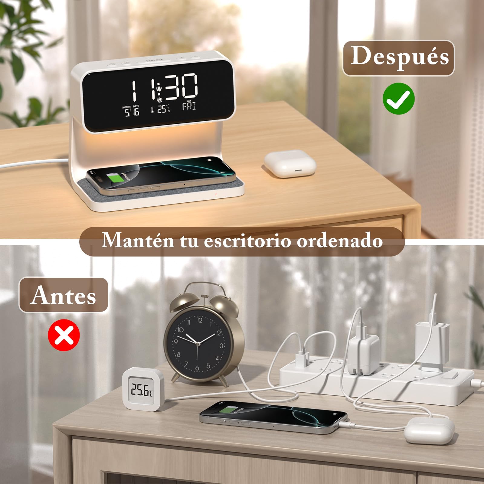 Despertador Digital, Reloj Despertador con Cargador Inalámbrico 15W, LED Pantalla Temperatura/Fecha/2 Alarmas/Snooze Ajustable/12/24H, Despertador Luz con Control Táctil para Infantil Adultos