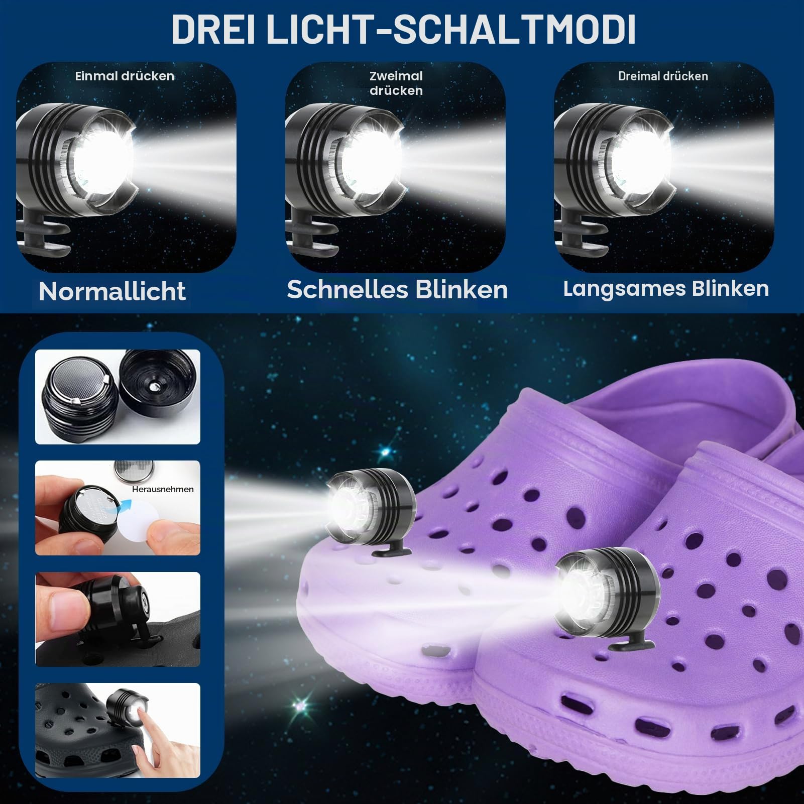 Scheinwerfer für Crocs, 2PCS lichter für Croc headlights Clogs Scheinwerfer IPX5 Wasserdichte Schuh Dekoration Scheinwerfer Croc mit 3 Lichtmodi für Nachtlaufen Joggen Camping Lesen Laufen