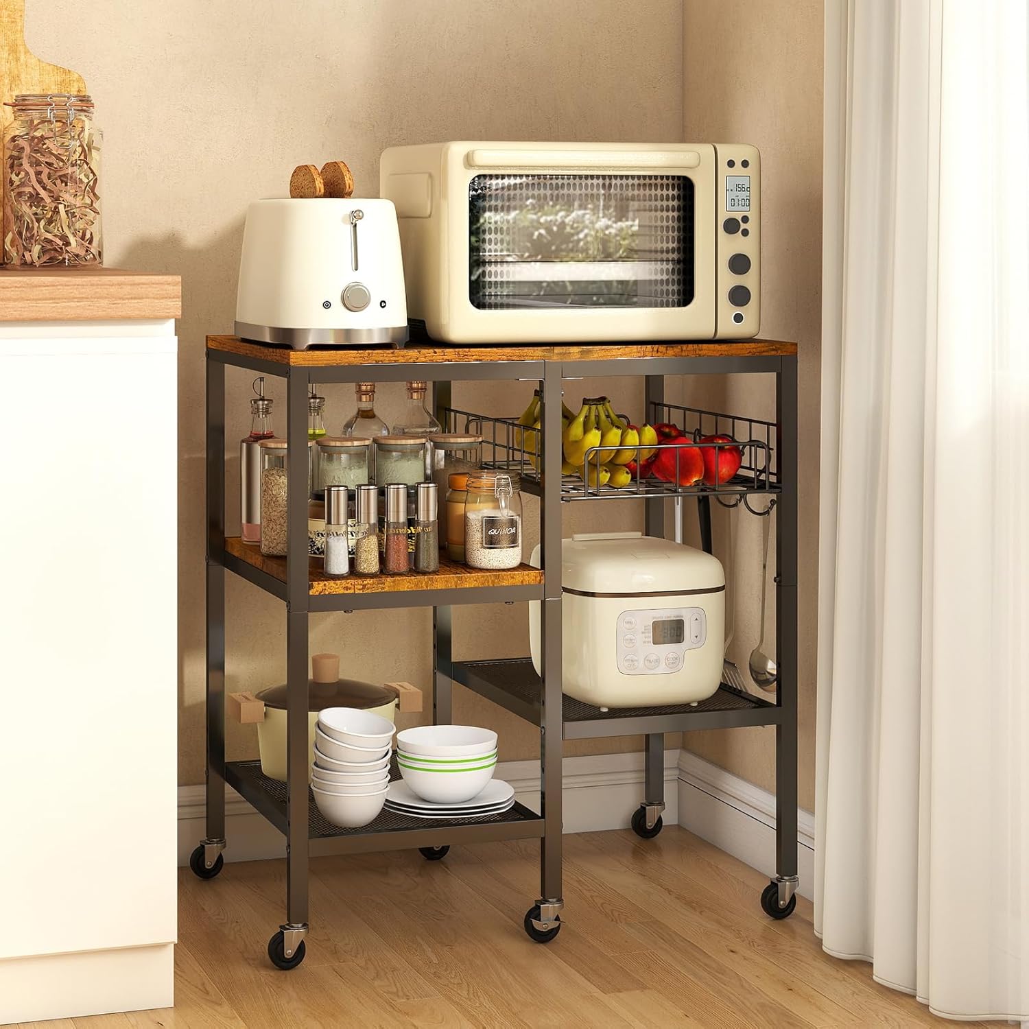 Hadulcet 4 Tier Kitchen Storage Cart, Microwave Stand with Adjustable Shelf, Movable Coffee Bar Stand, Rolling Baker's Rack Island Cart Organizer with Wheels for Kitchen Island,Living Room, Office