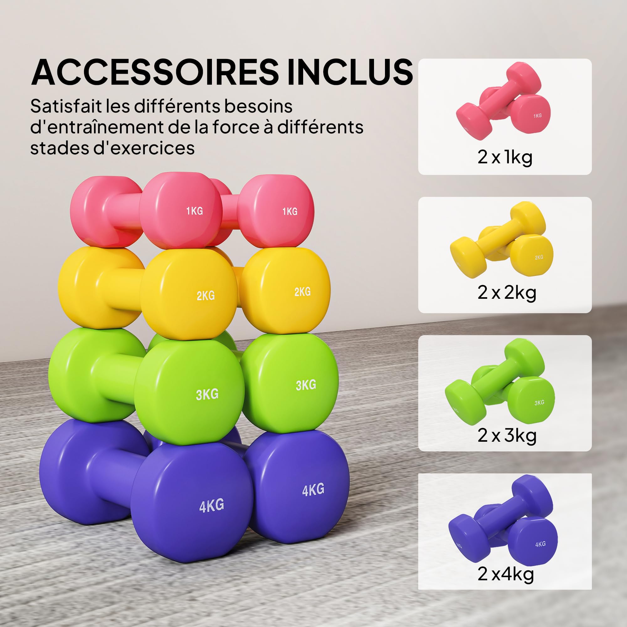 HOMCOM Ensemble d'Haltères Hexagonaux Total 20 kg Lot de 8 Multicolore | Haltères Courts de Gym 1 kg - 4 kg, Revêtement en Polyuréthane, pour la Maison, en Acier
