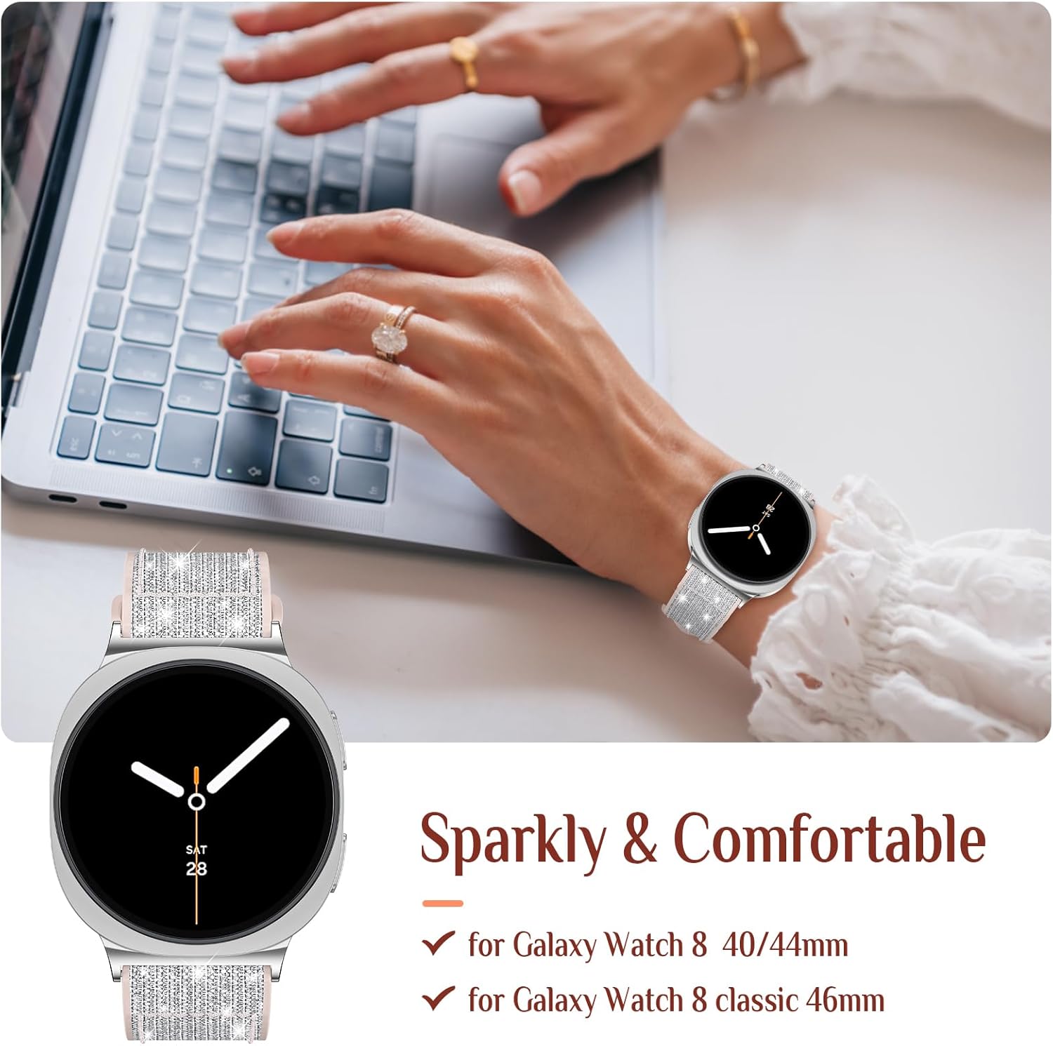 Goton Bling Silicone Band Compatible with Samsung Galaxy Watch 7/6/5/4 FE 40/44mm, 6 Classic 47/43mm, 5 Pro 45mm, 4 Classic 46/42mm, 3 41mm, Active 1&2, 20mm Women Glitter Strap Accessories - Image 7