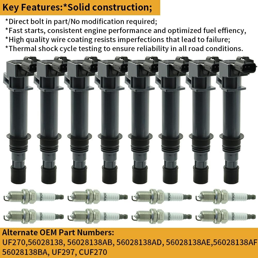 Set of 8 UF270 Ignition Coil with Iridium Spark Plug Compatible with 2000 2001 2002 2003 2004 2005 2006 2007 Dodge Durango Ram Jeep Mitsubishi Grand Cherokee Commander Nitro Dakota 3.7L E593C, E509D