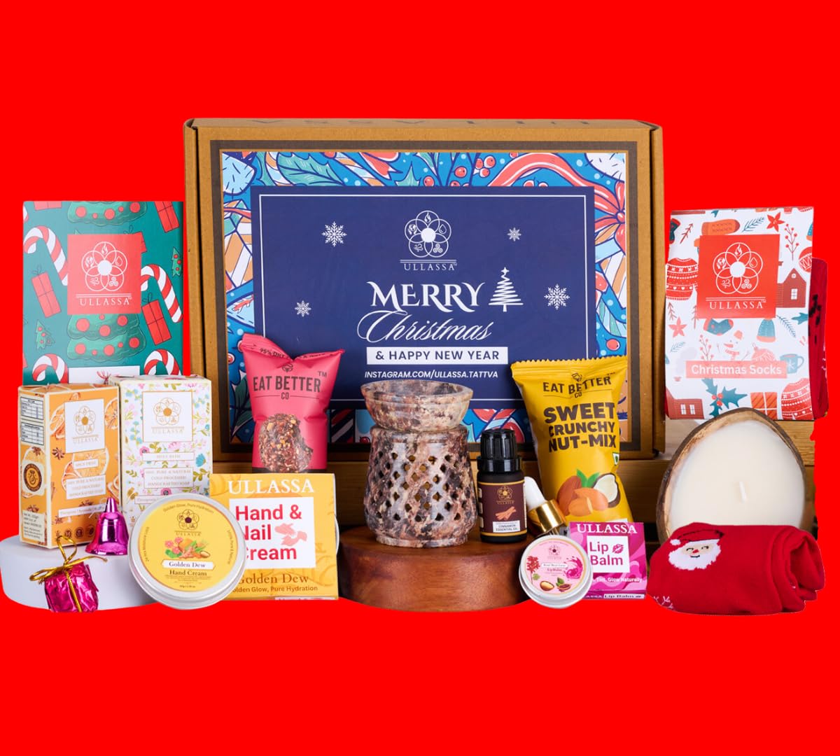ULLASSA Secret Santa Christmas & New Year Gift Hamper | 14 Inclusions | Aromatherapy Soaps, Cinnamon Oil, Hand Cream, Lip Balm, Diffuser, Christmas Socks, and Dry Fruits Laddoos | Secret Santa Gifts