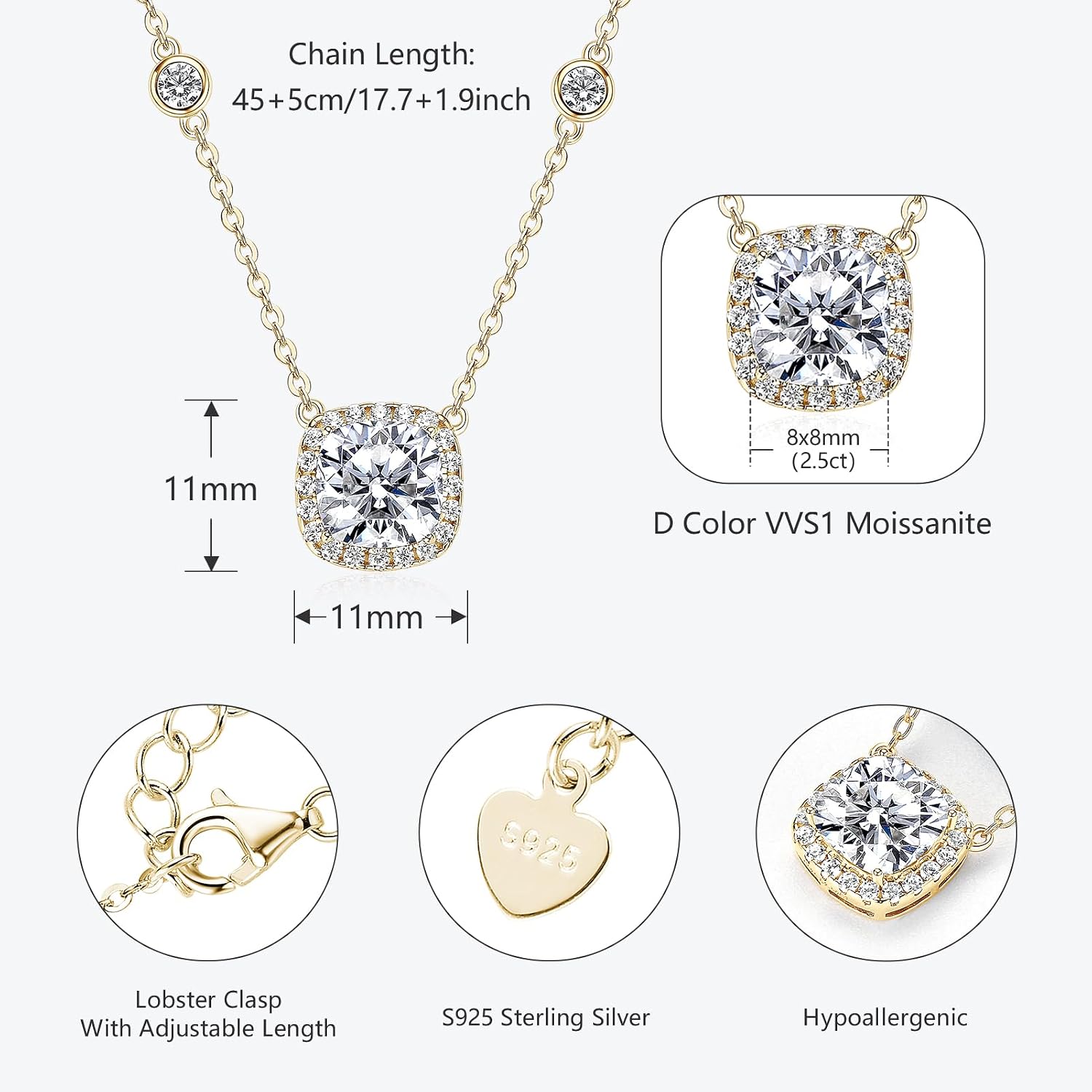 2.5CT Moissanite Pendant Necklace for Women, 8x8mm Cushion Cut D Color VVS1 Moissanite 925 Sterling Silver Dainty Halo Pendant for Mom, Wife, Lady Birthday Gifts