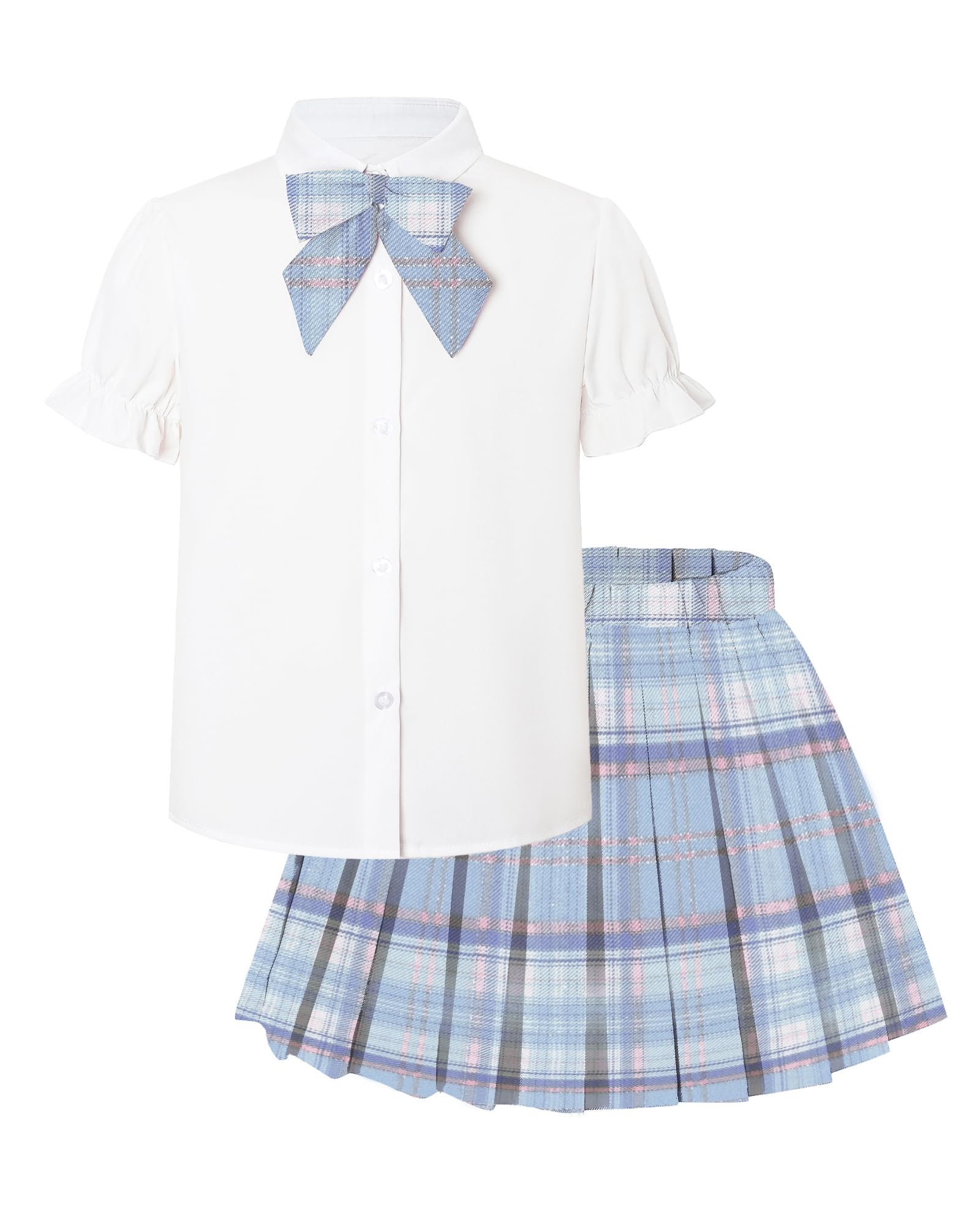 Betusline Girls JK Uniform Outfit, Shirt with Bow &amp; Pleated Skirt,13-14Y