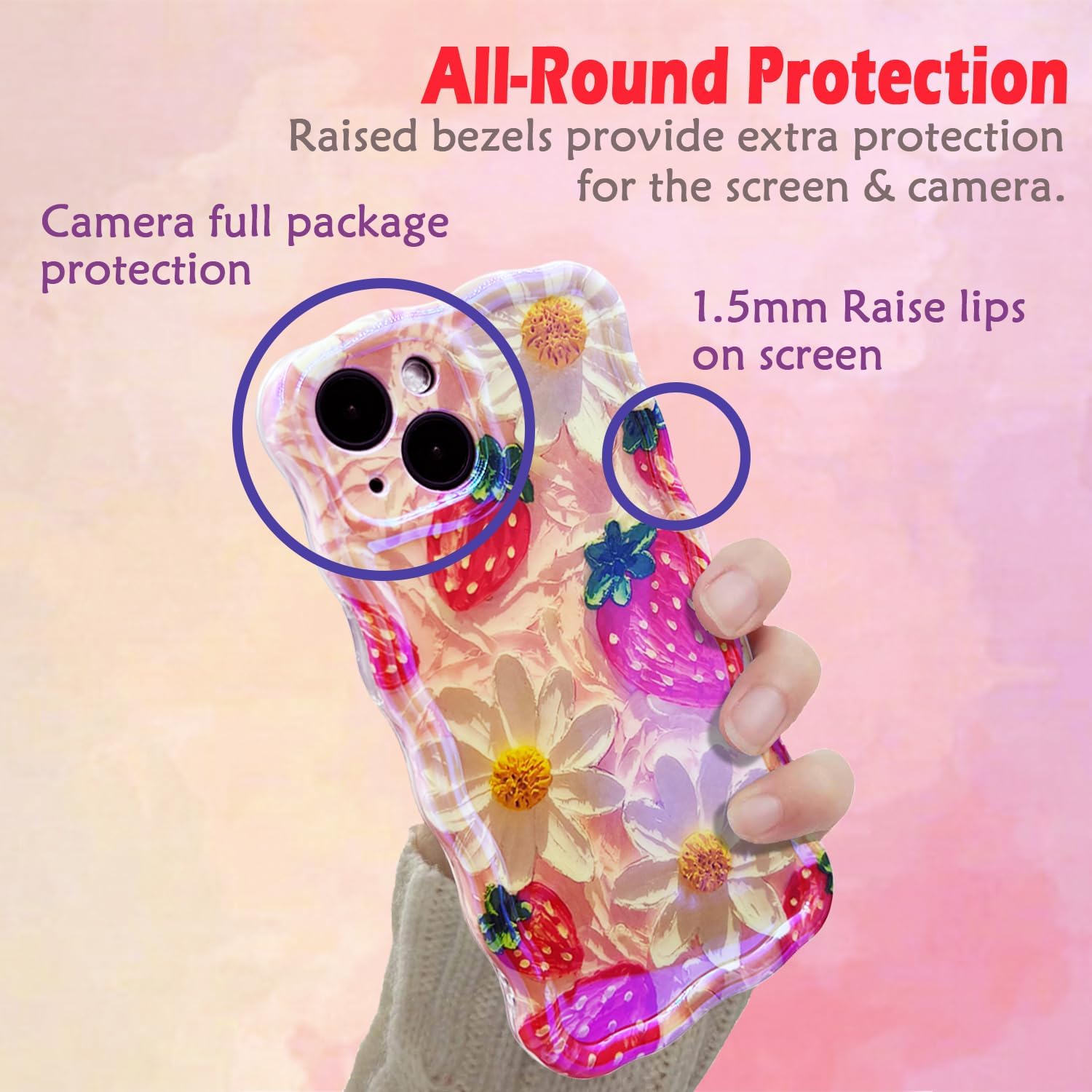 Case for iPhone 15,Exquisite Colorful Retro Oil Painting Flower Stylish Glossy Wave Frame Phone Cover,Soft Durable Shockproof Protection Camera Protective Case for Women Girl - Image 4