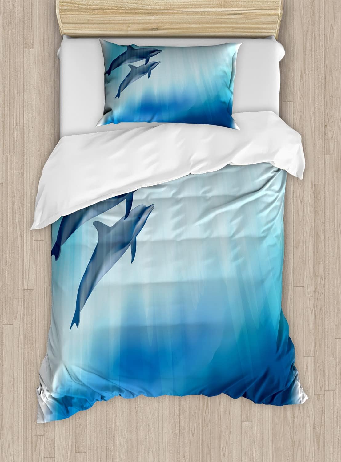 Ambesonne Dolphin Duvet Cover Set, Underwater Scene with 2 Ocean Mammals in Watercolor Style Swimming Image, Decorative 2 Piece Bedding Set with 1 Pillow Sham, Twin Size, Dark Blue Pale Blue