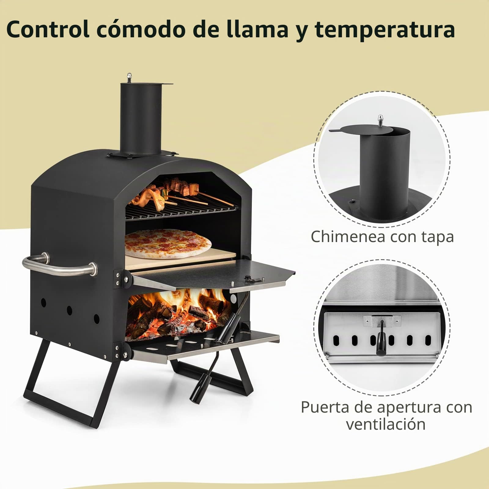 GYMAX Horno de Pizza Portátil con Patas y Asas Plegables, Parrilla de Pellets de Madera, Diseño de 2 Capas y Orificios de Ventilación Ajustables con Piedra para Pizza