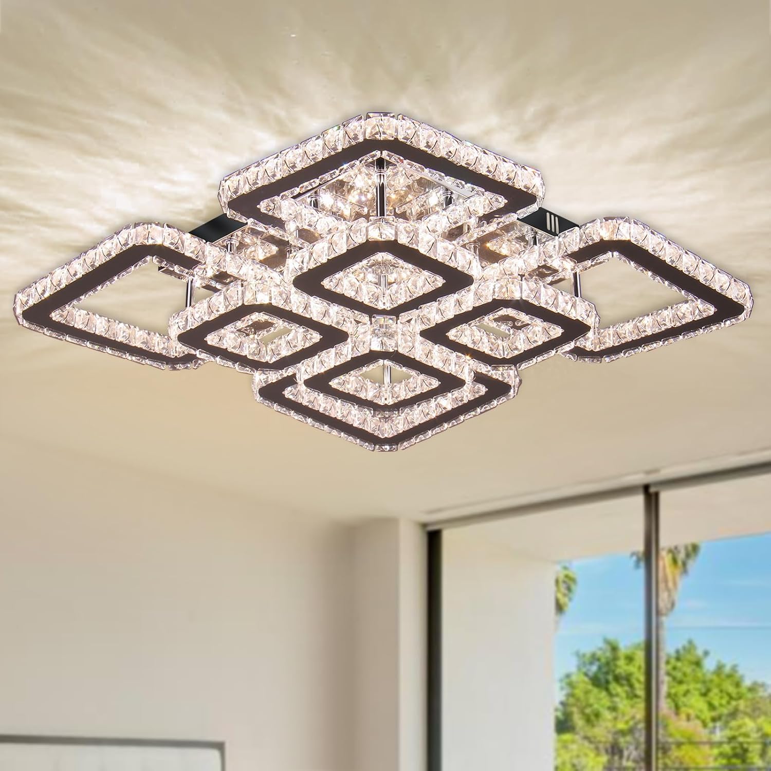 FRIXCHUR 20” Crystal Chandelier Square Crystal Flush Mount Ceiling Light 8 Lights Led Crystal Ceiling Pendant Light Modern Led Chandeliers for Bedroom Dining Room Bedroom Variable Light 8 Lights-Variable Light