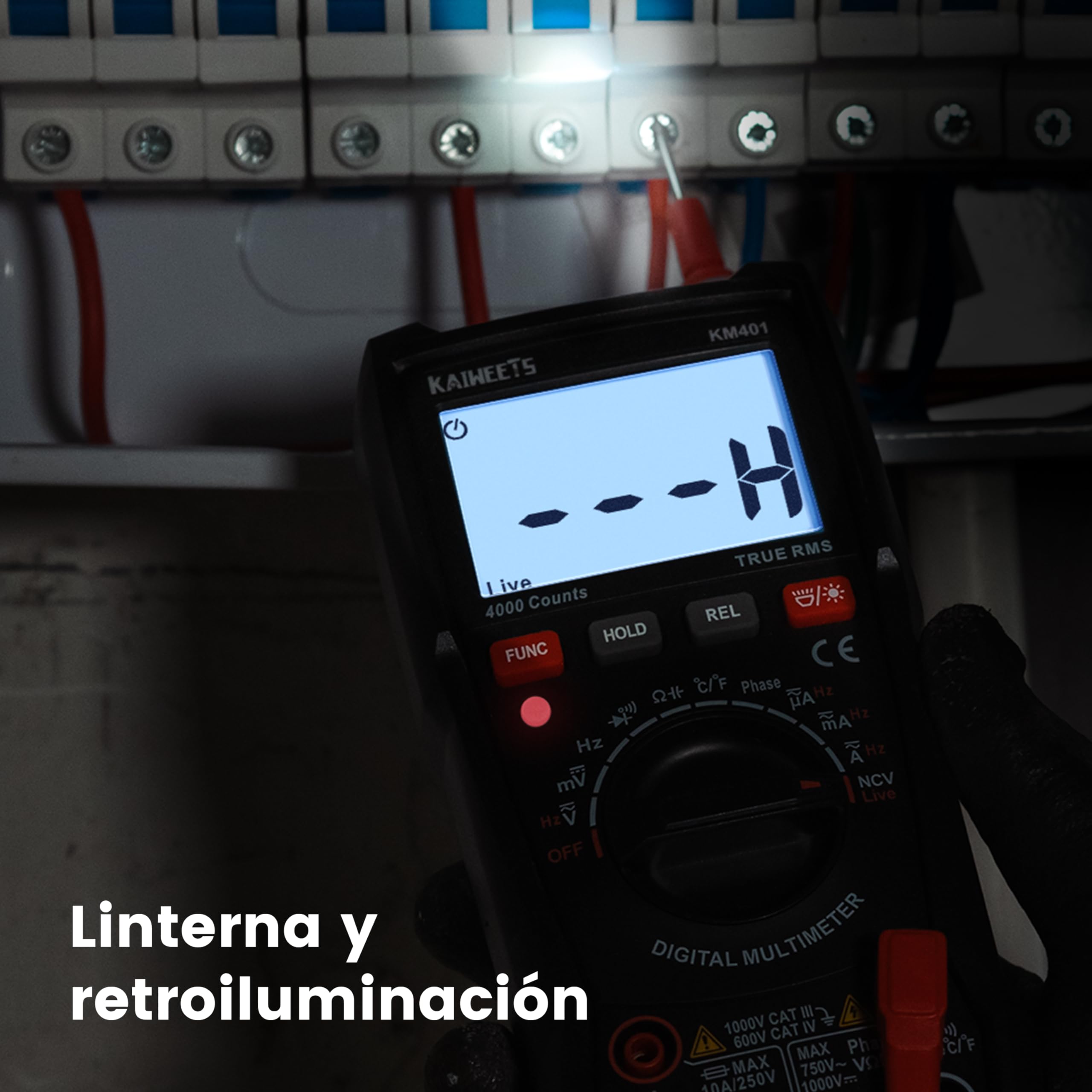 KAIWEETS Multímetro digital KM401, Polimetro Auto-Range T-RMS con 4000 cuentas, Amperímetro mide voltaje, corriente, resistencia, continuidad, frecuencia