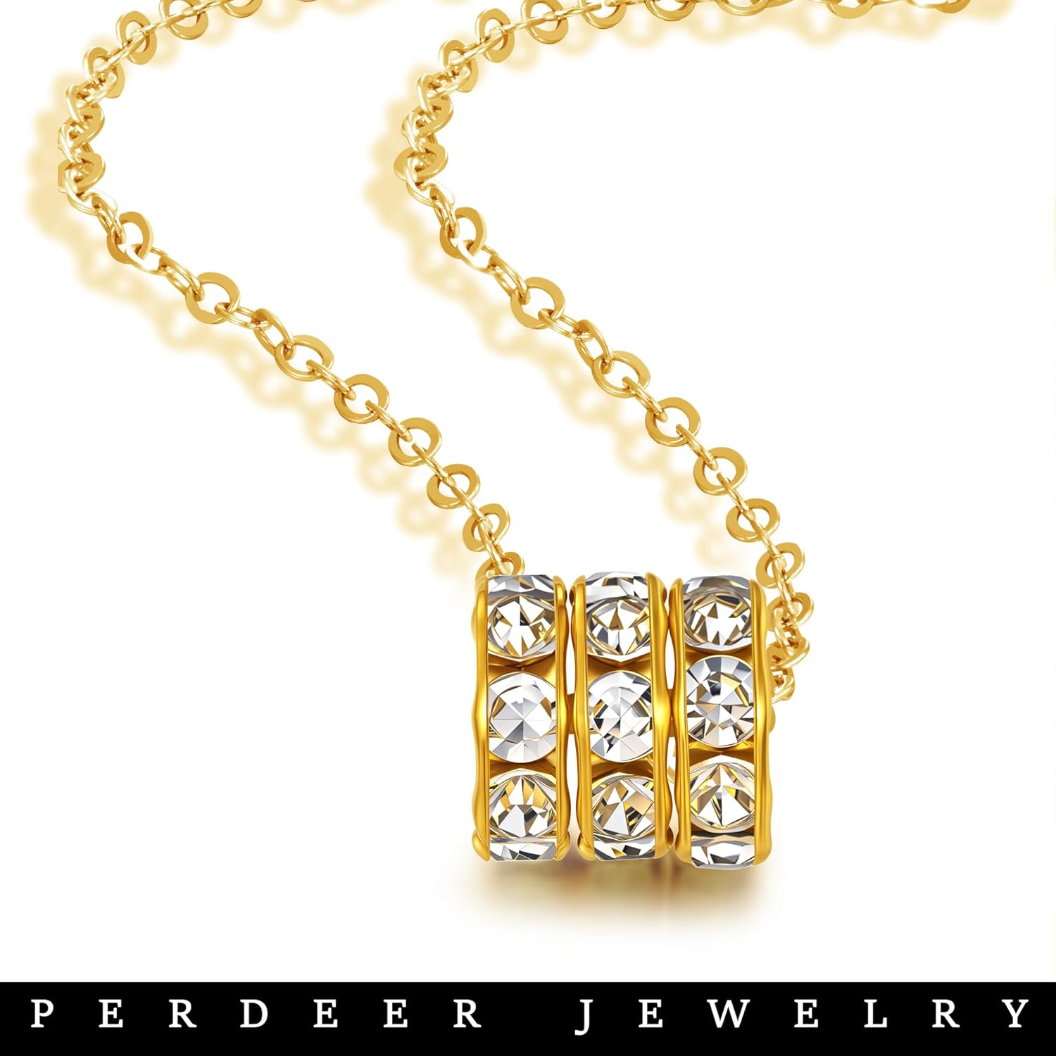 Rondelle Bead Pendant Necklace with 3 Cubic Zirconia Accented Beads For Women, 18K Gold Plated Stainless Steel 17.8"+2" Extender Chain, Non-Tarnish Dainty Circle Gold Jewelry - Image 5