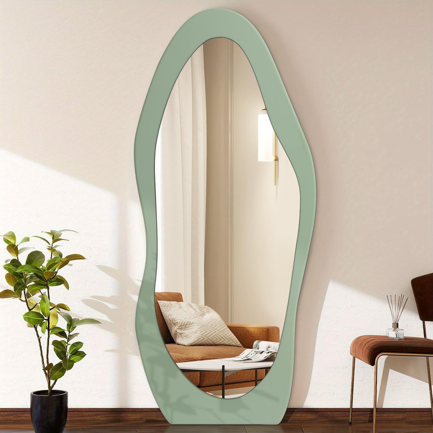 Feufoam Green Full Length Mirror Oversize Irregular Wavy Mirrors 150 X 60Cm Wood Full Body Mirror Standing Wall Mounted Mirrors For Living Room Bathroom Bedroom Entryway Decor