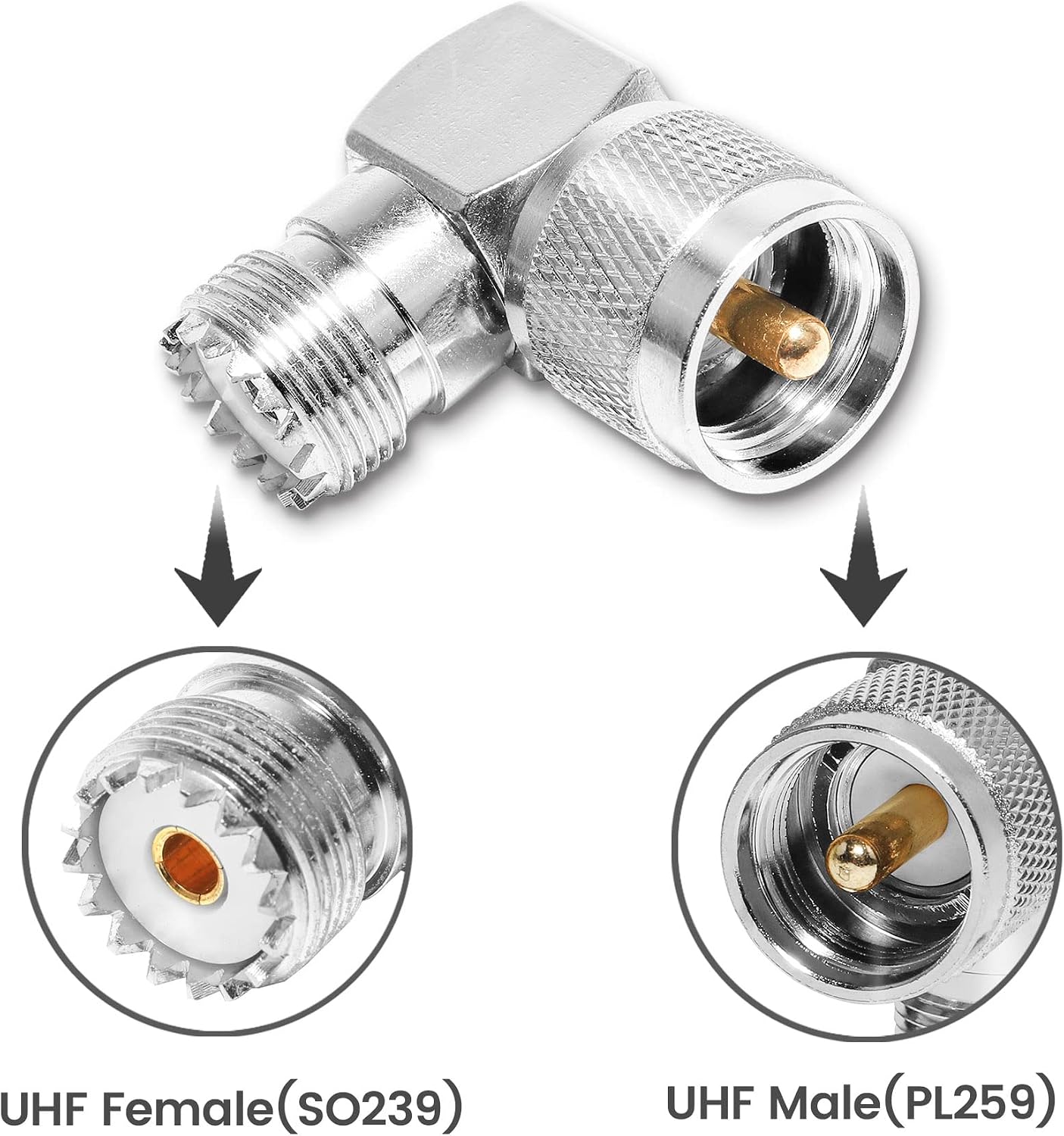 Anina UHF Male PL259 to SO239 UHF Female Coax Connector Right Angle L Shape Low Loss Antenna Adapter for Coaxial Cable RF CB Ham Radio Antenna 2-Pack