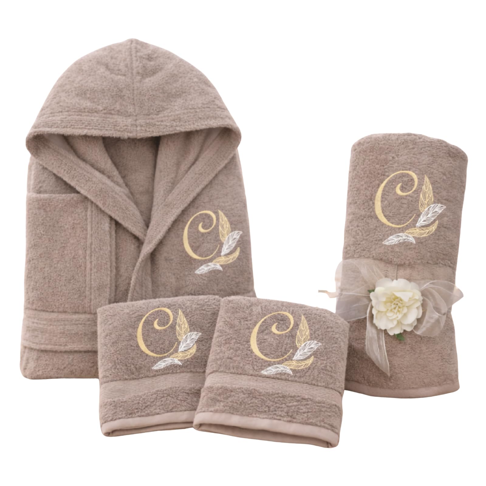 D&Vlab Kit Set 4 pz Accappatoio e 2 Asciugamani viso e bidet + Telo Doccia Grande Personalizzati con Iniziali Ricamate - in morbida spugna di cotone - Idea regalo per Uomo Donna FLOREALE