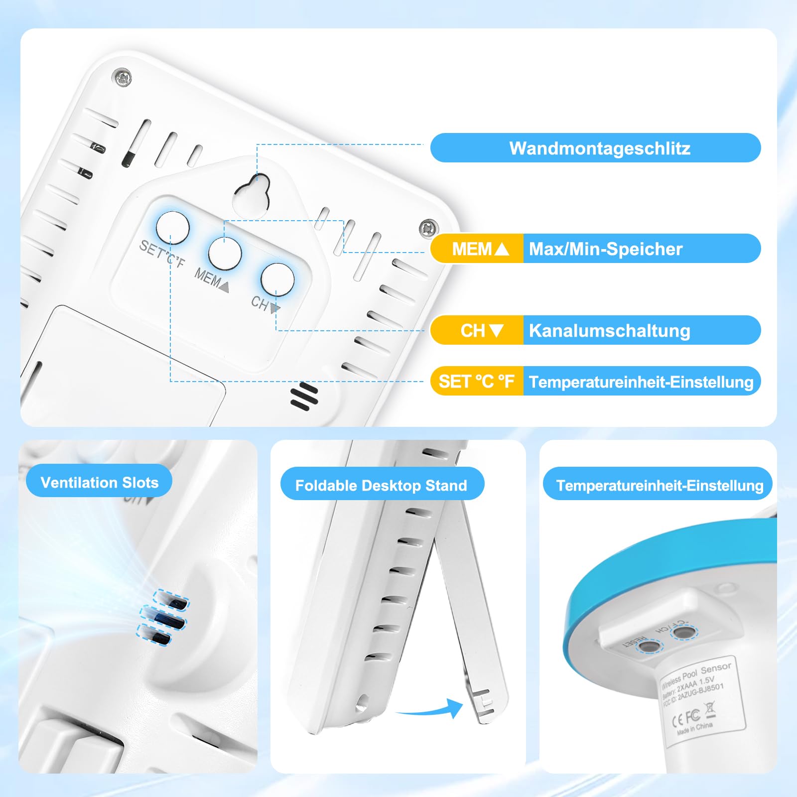 Solar Funk Pool Thermometer Schwimmend – Digitaler Wassertemperaturmesser mit Innen-/Außenfühler für Schwimmbad, Whirlpool, Teich & Aquarium (Batterien nicht enthalten)