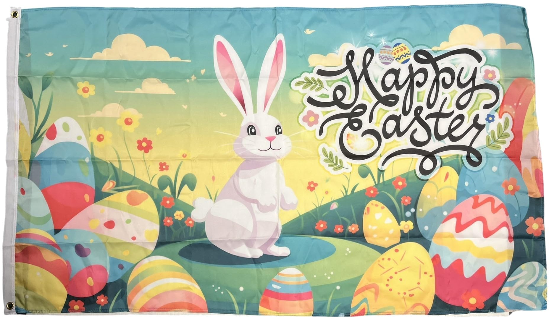 NWFlags Happy Easter Bunny & Eggs Flag 5ft x 3ft 75d Premium Polyester Suitable For Flagpoles | Strong Polyester 5x3 foot material flag with Eyelets