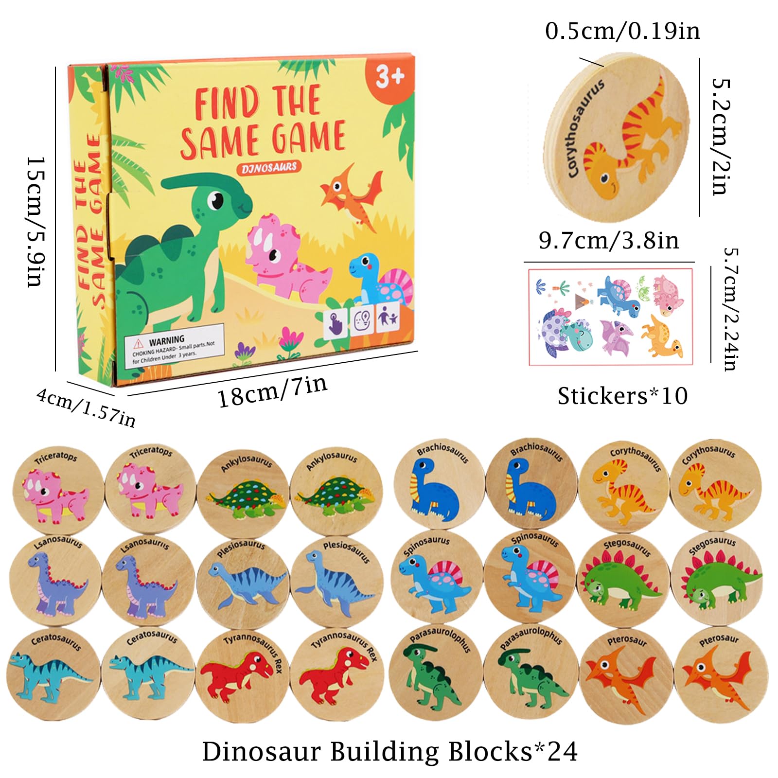 Gioco di Memoria con Coppie di Dinosauri, 24 Pezzi Gioco di Memoria con Coppie di, Gioco di memoria a coppie Giocattoli Montessori per Bambini dai 3 anni in su con 10 adesivi di dinosauri